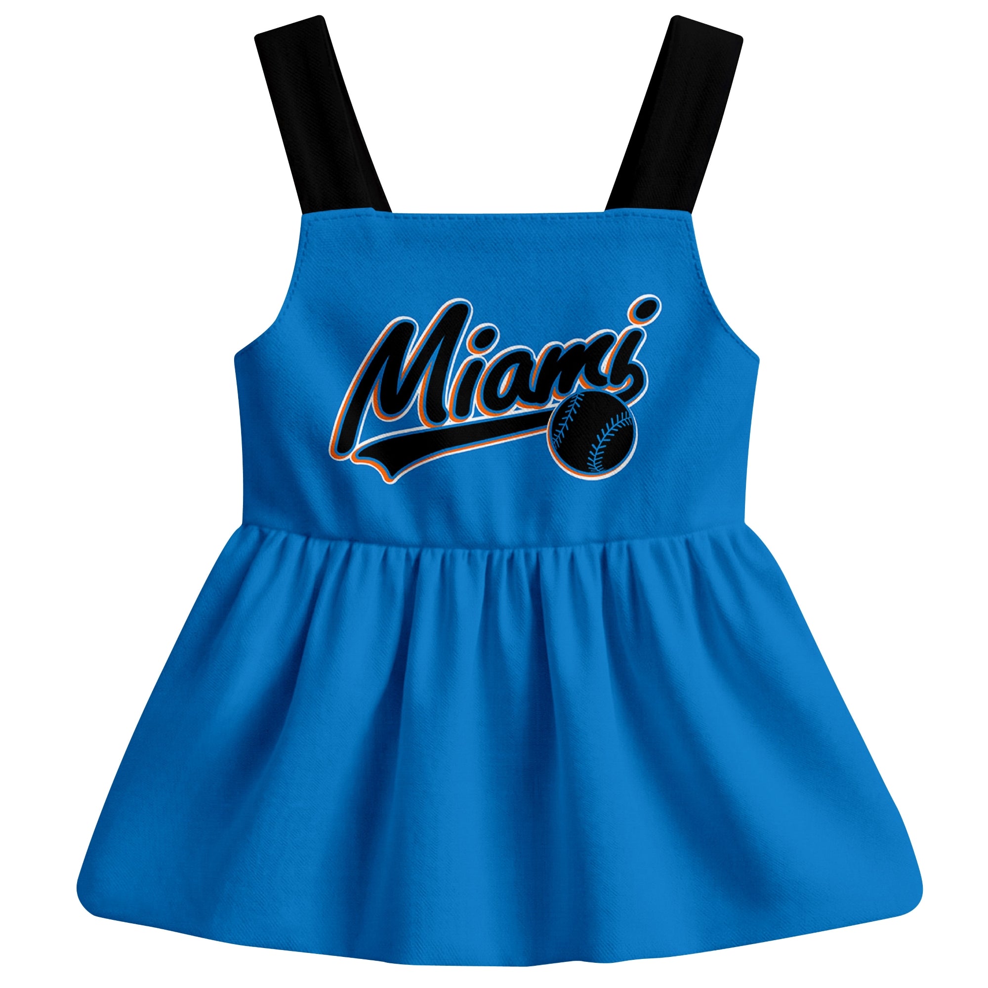 Blue Miami-inspired baseball baby strap dress front view with bold baseball graphic