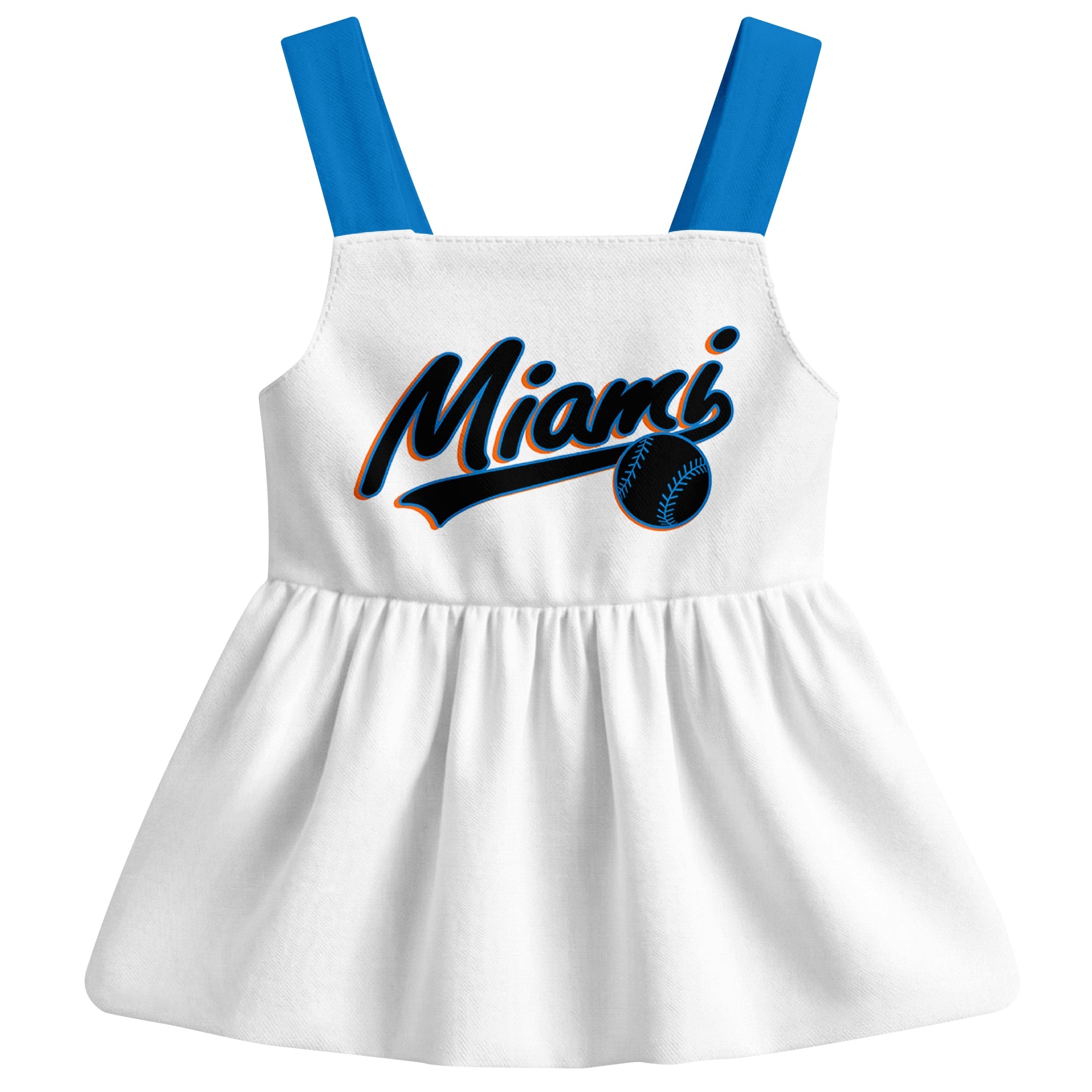 White Miami-inspired baseball baby strap dress front view with bold baseball graphic