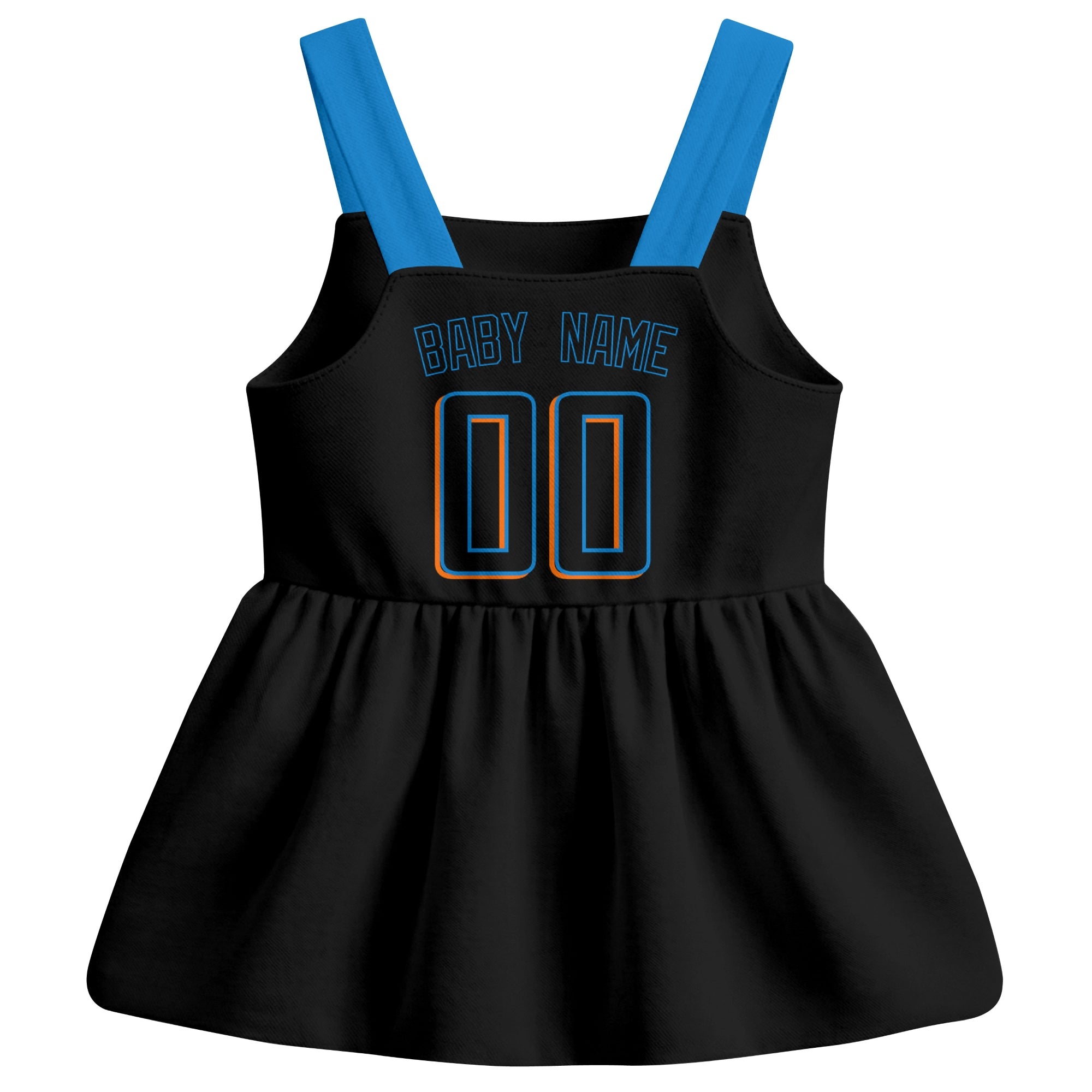 Black Miami-inspired baseball baby strap dress back view with custom baby name and number