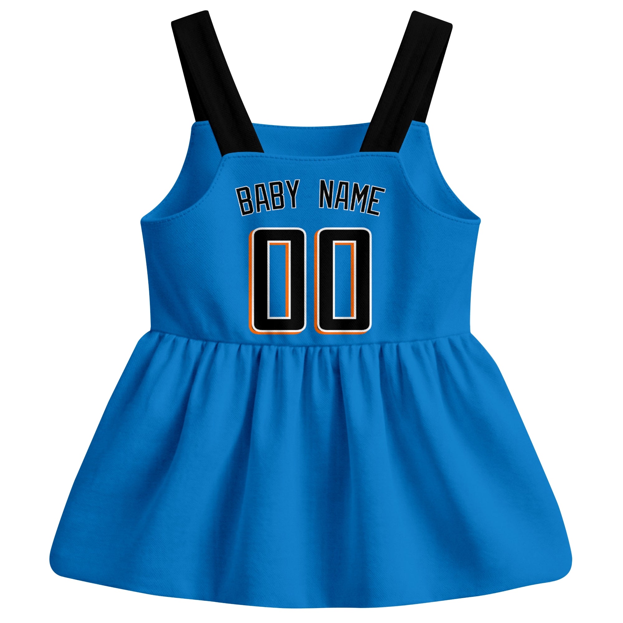 Blue Miami-inspired baseball baby strap dress back view with custom baby name and number
