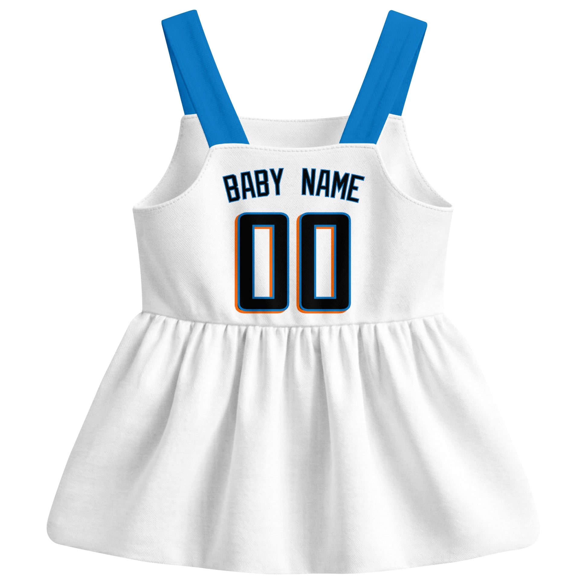 White Miami-inspired baseball baby strap dress back view with custom baby name and number