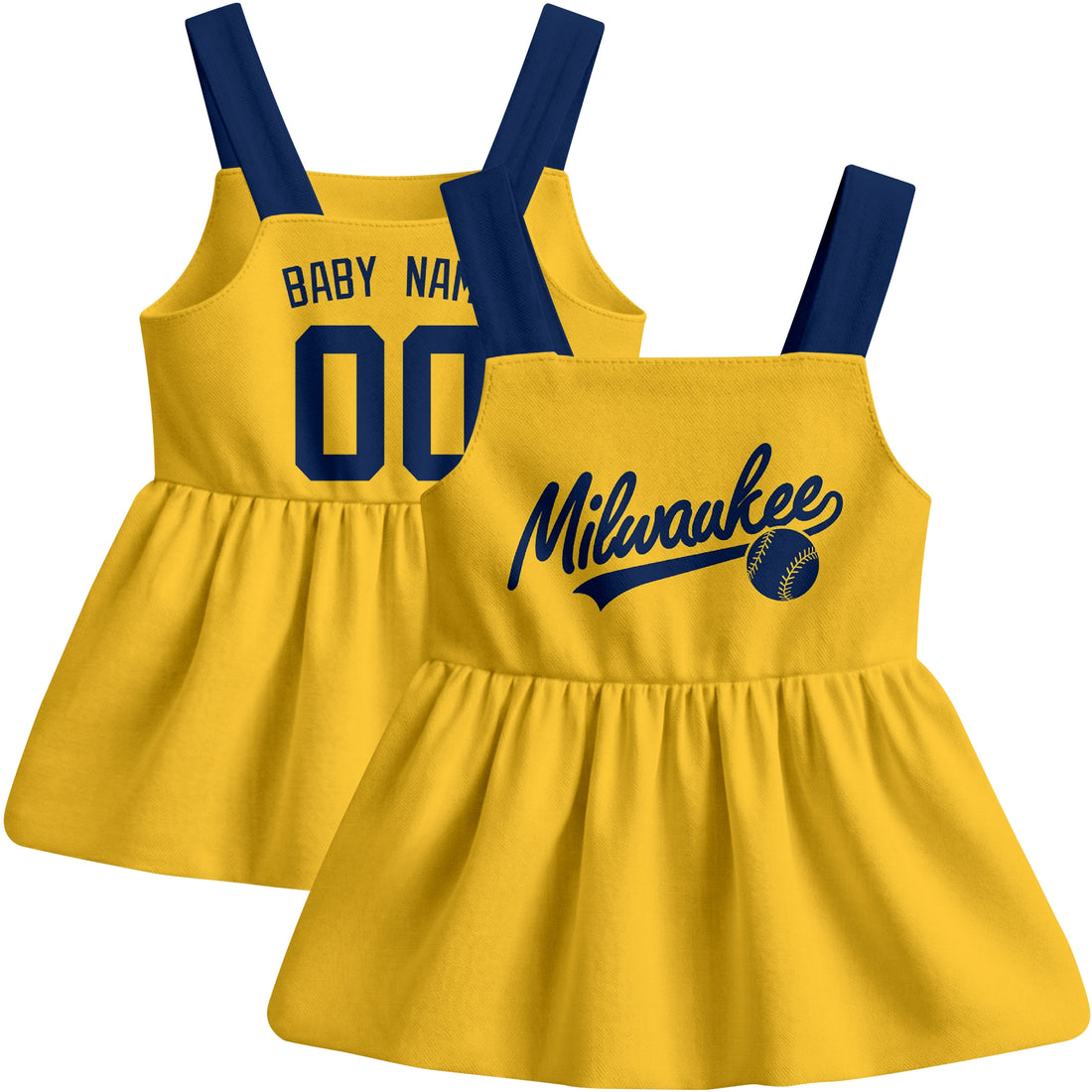 Milwaukee-inspired baseball baby strap dress modeled in Navy, with Navy and White front designs shown