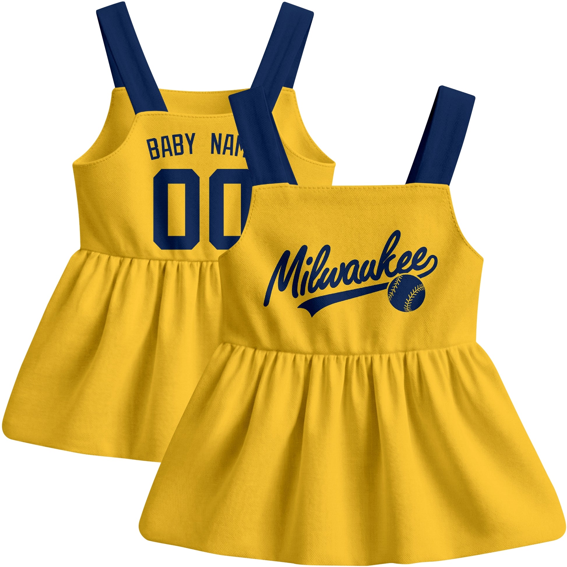 Gold Milwaukee-inspired baseball baby strap dress front and back view with custom name and number
