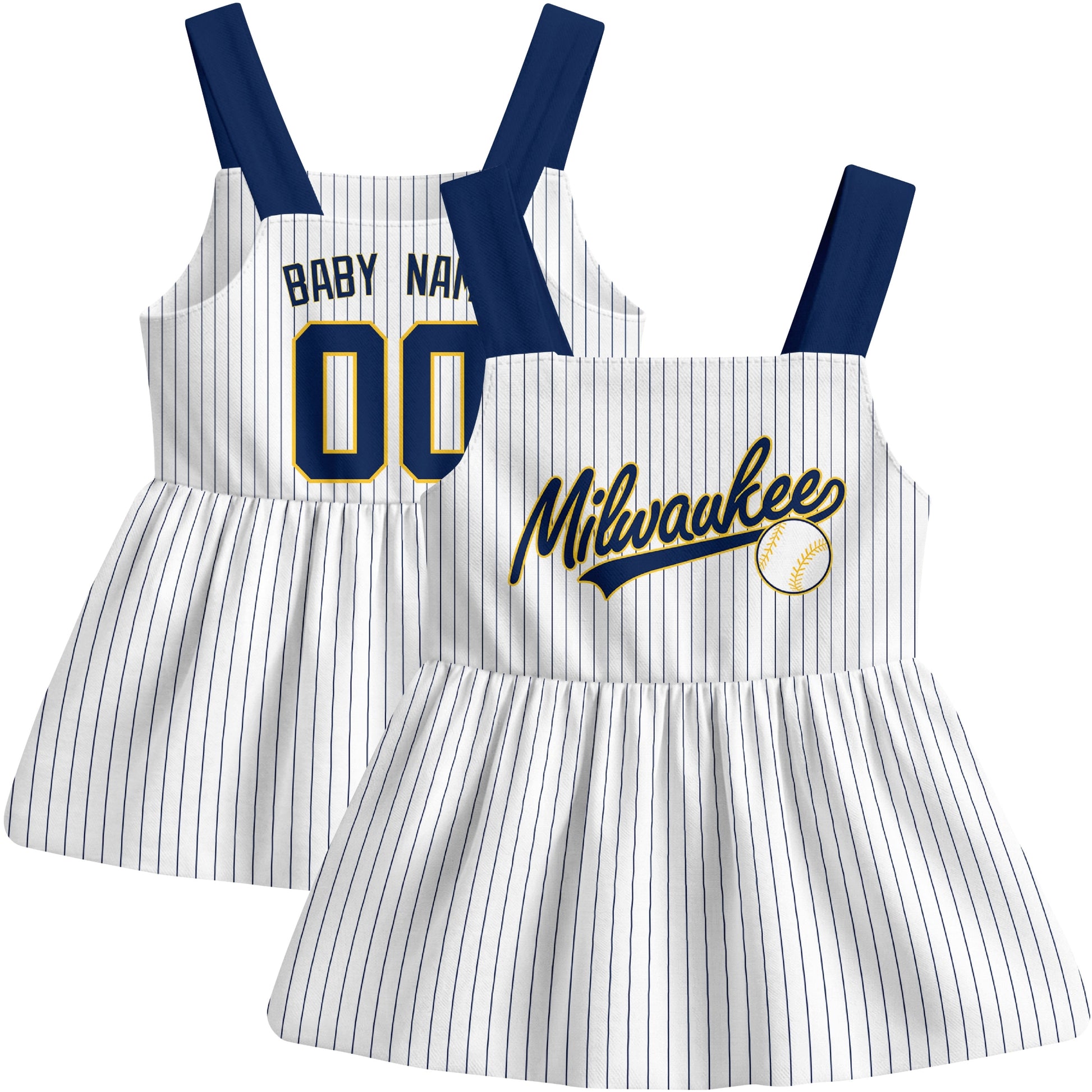 White Milwaukee-inspired baseball baby strap dress front and back view with custom name and number