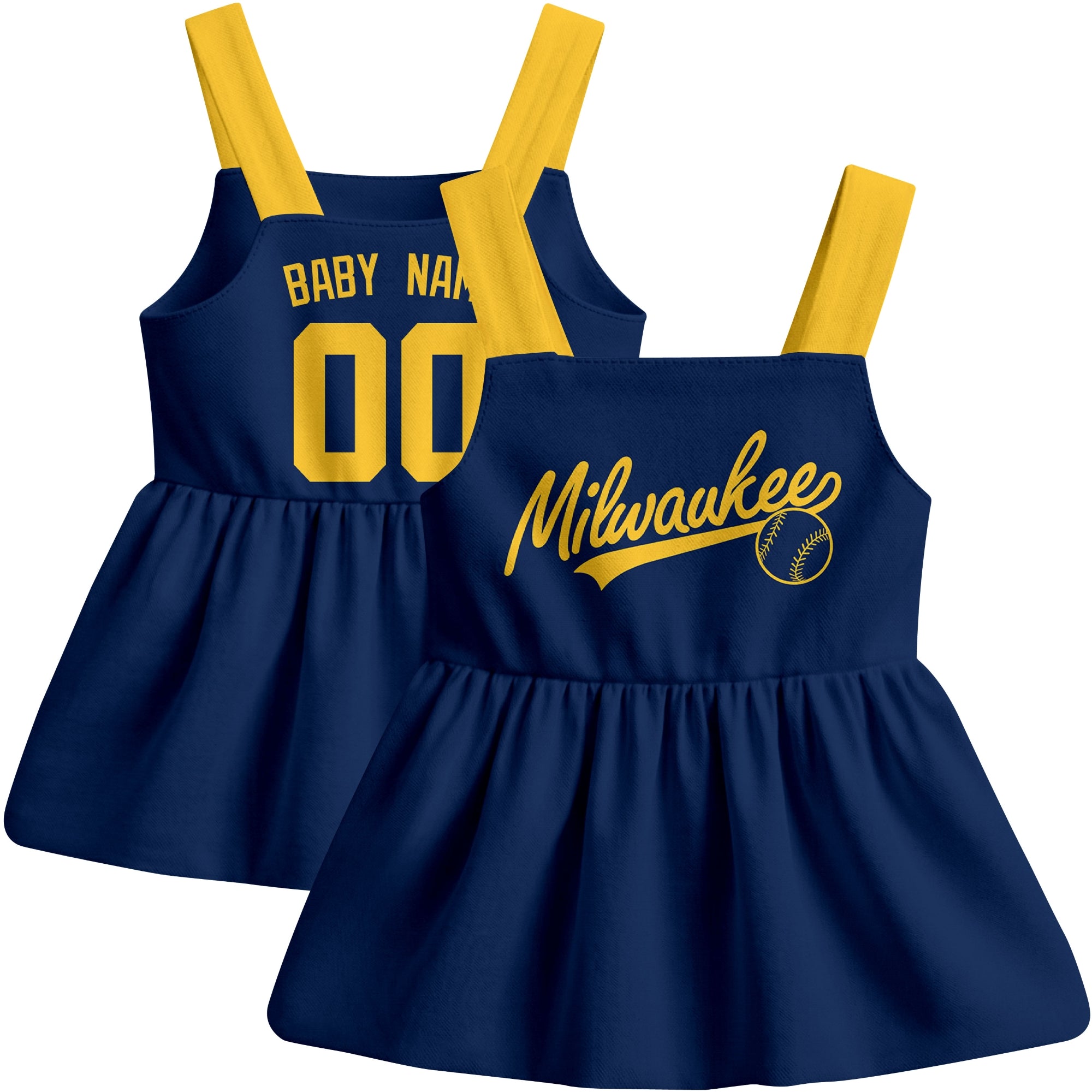 Navy Milwaukee-inspired baseball baby strap dress front and back view with custom name and number