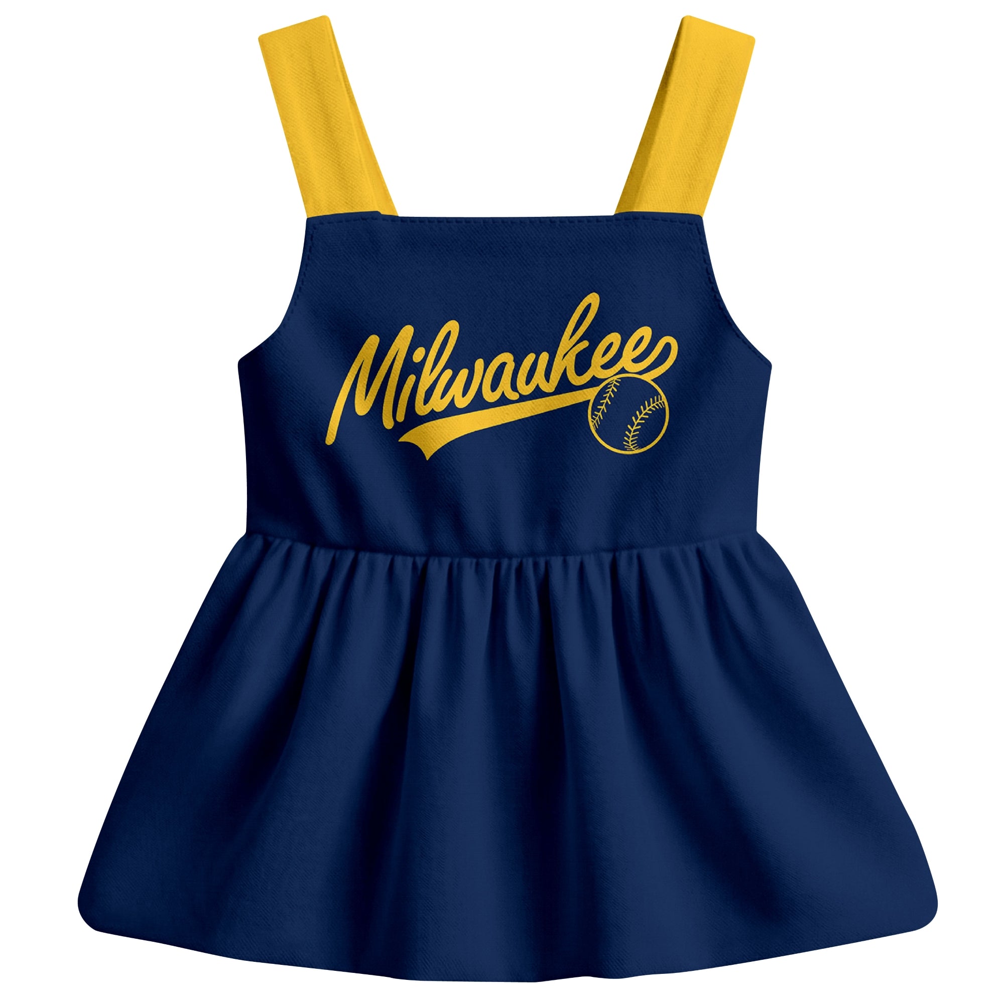 Navy Milwaukee-inspired baseball baby strap dress front view with bold baseball graphic