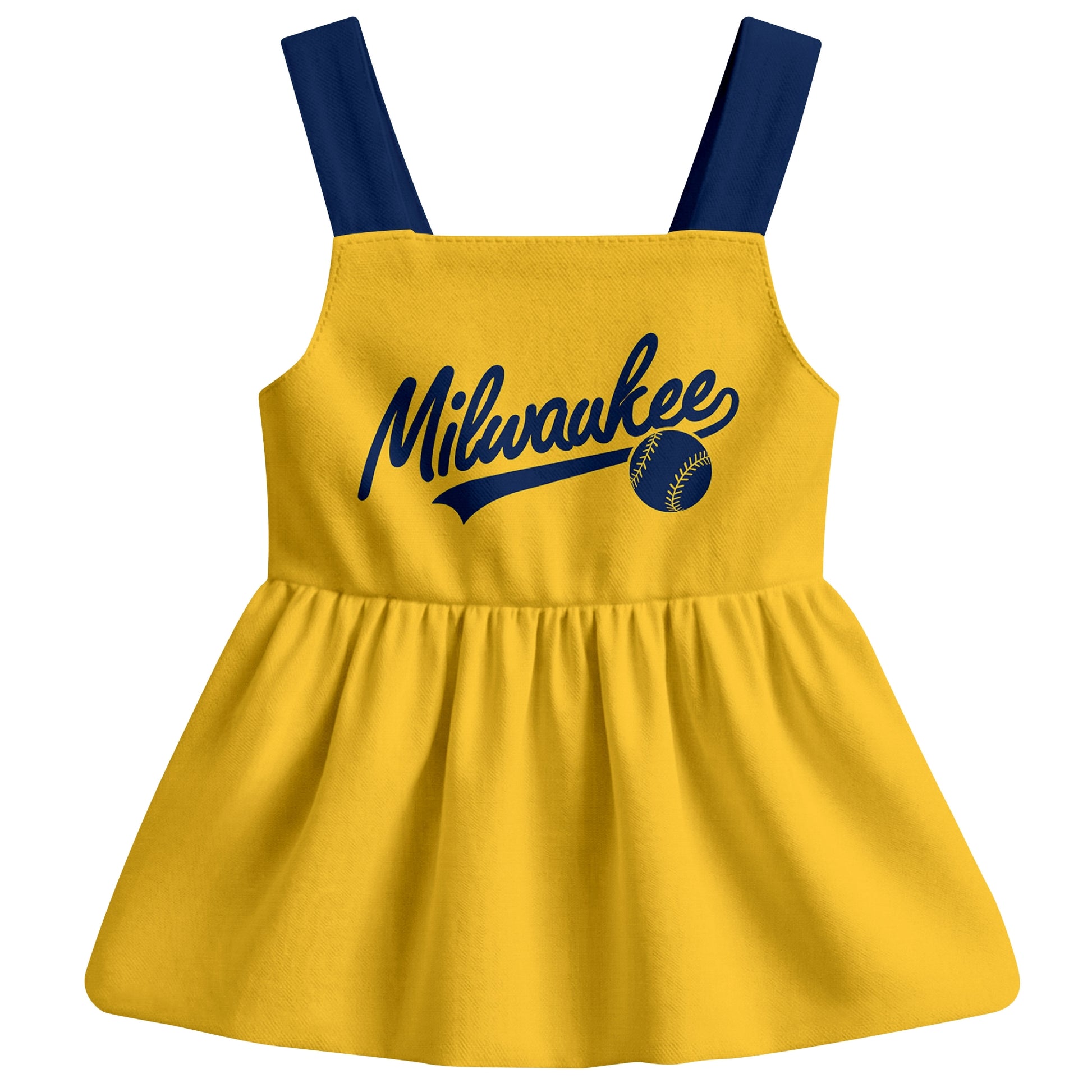Gold Milwaukee-inspired baseball baby strap dress front view with bold baseball graphic