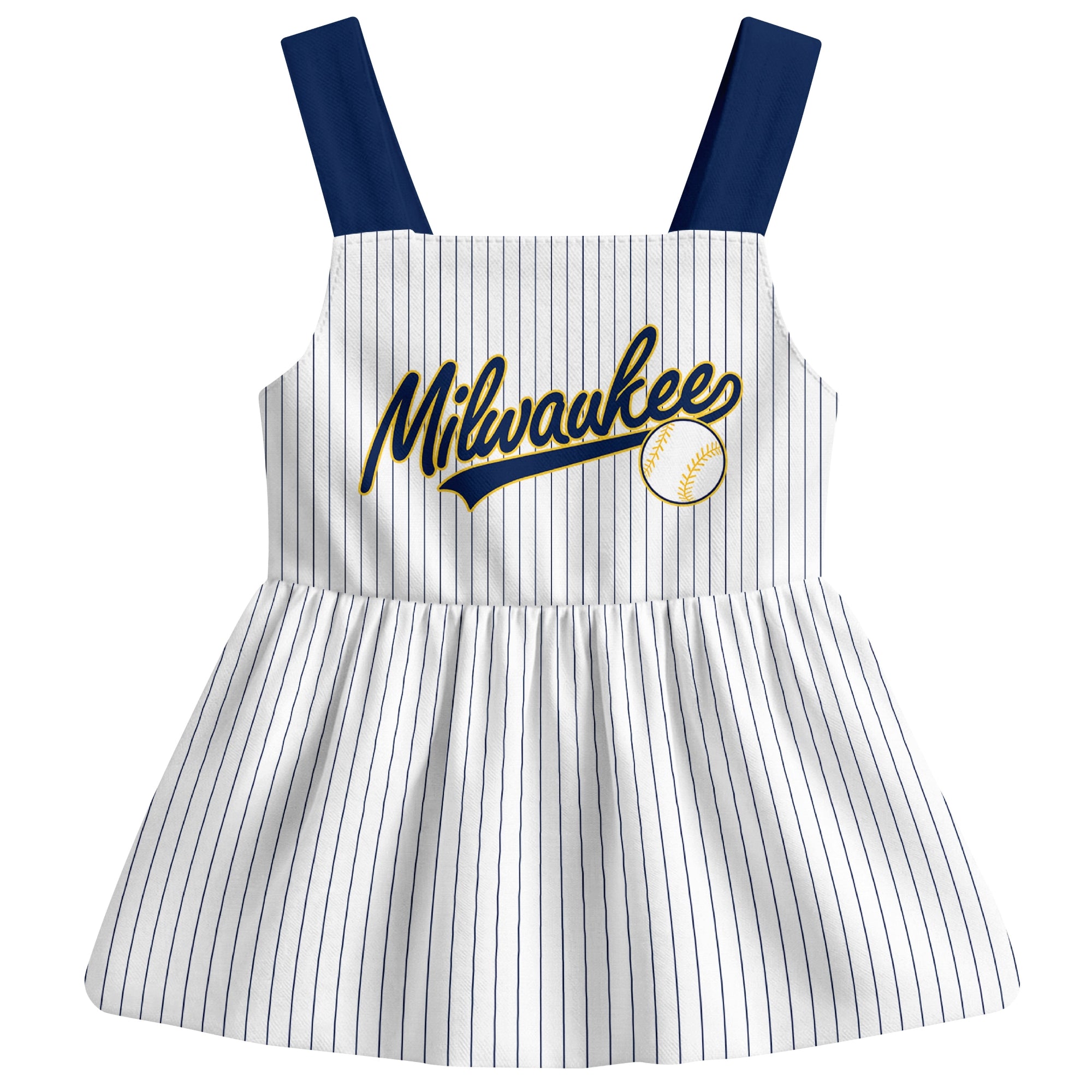 White Milwaukee-inspired baseball baby strap dress front view with bold baseball graphic
