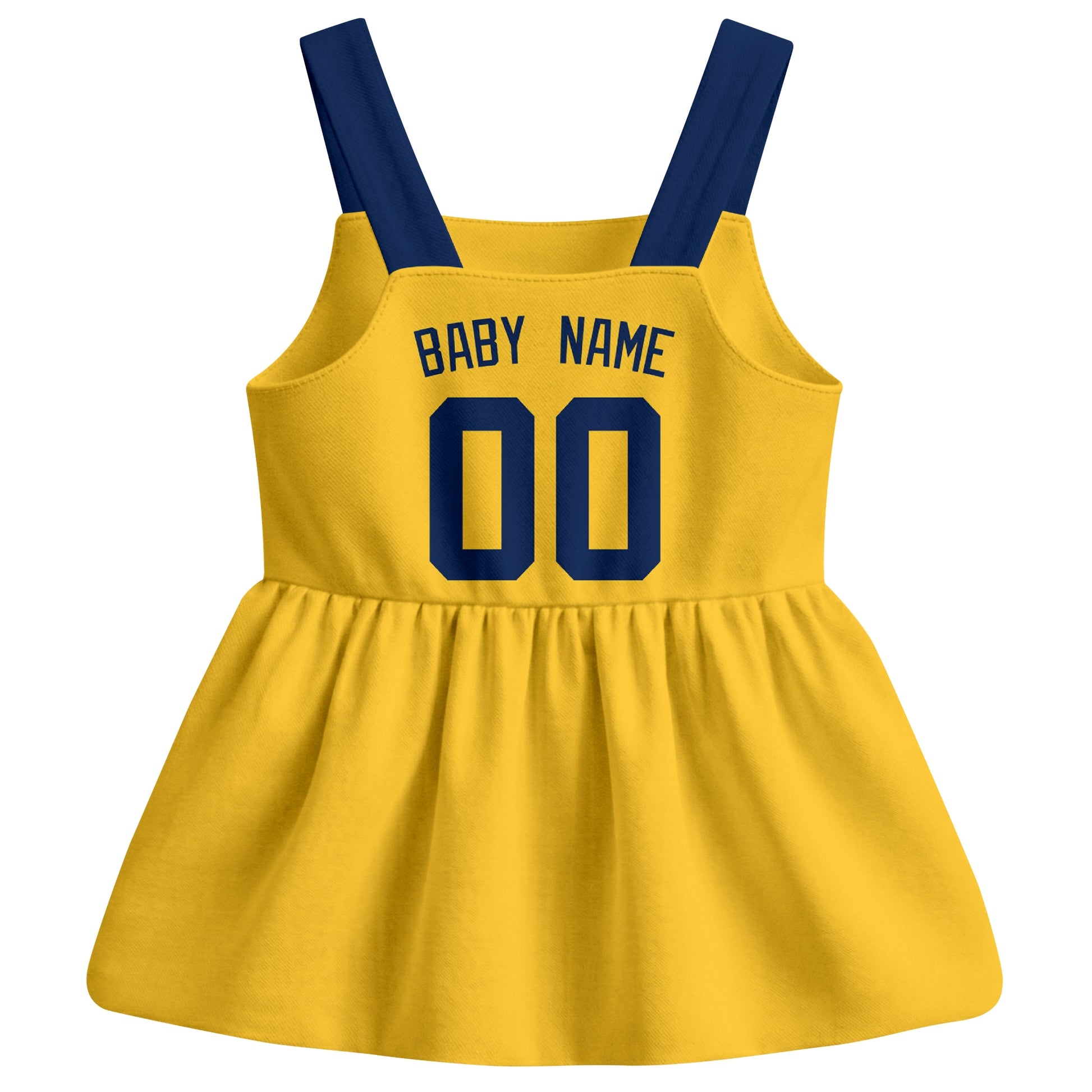 Gold Milwaukee-inspired baseball baby strap dress back view with custom baby name and number