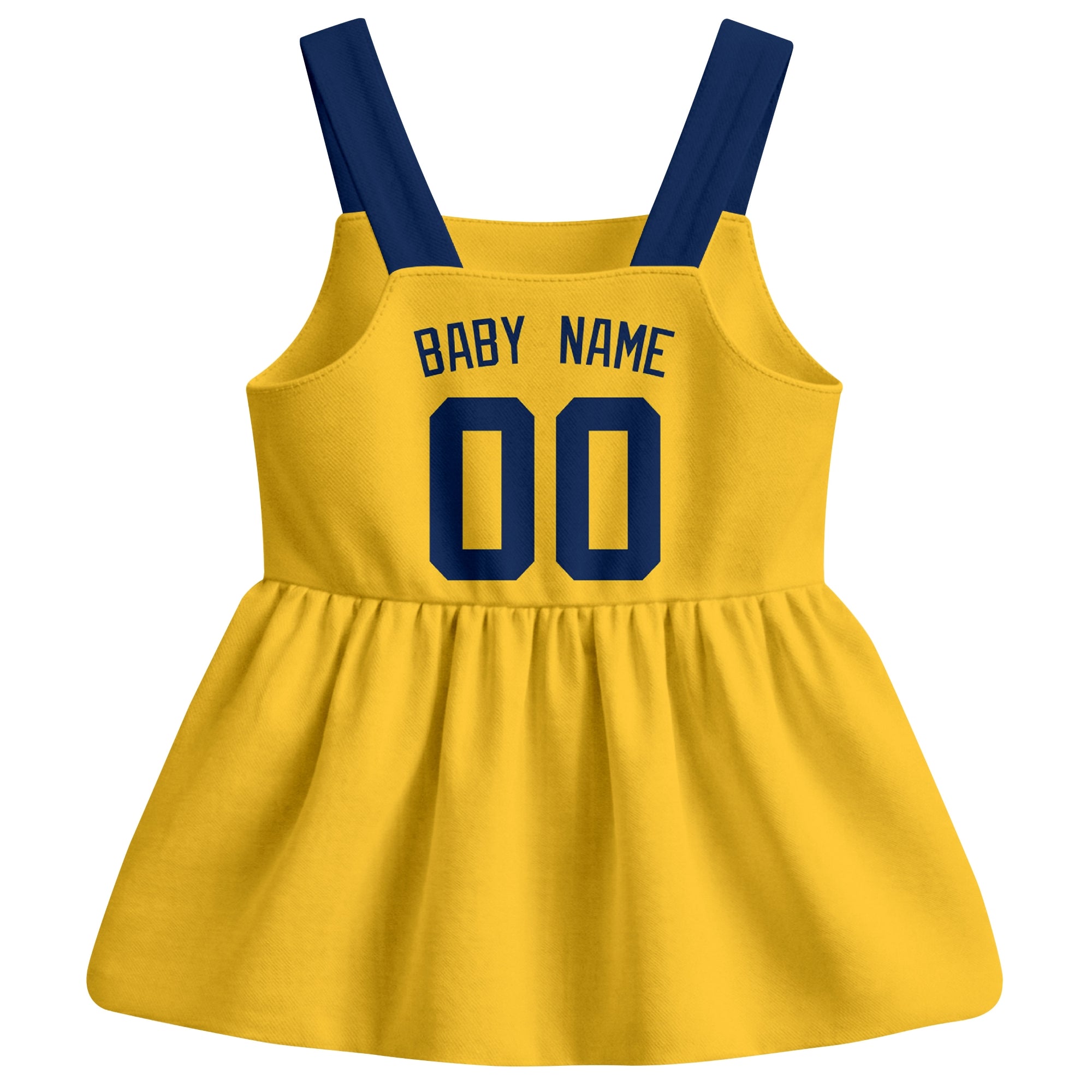 Gold Milwaukee-inspired baseball baby strap dress back view with custom baby name and number
