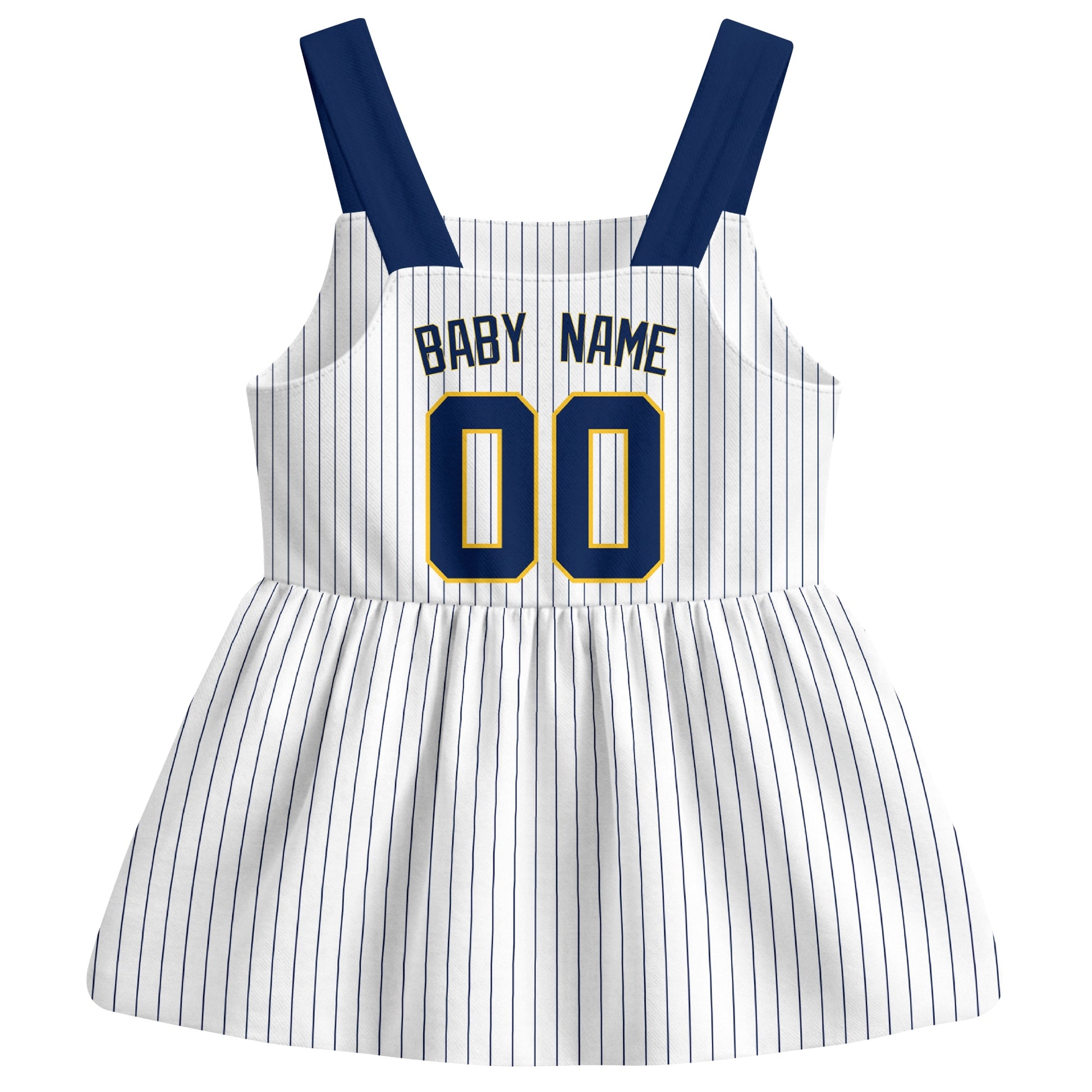 White Milwaukee-inspired baseball baby strap dress back view with custom baby name and number