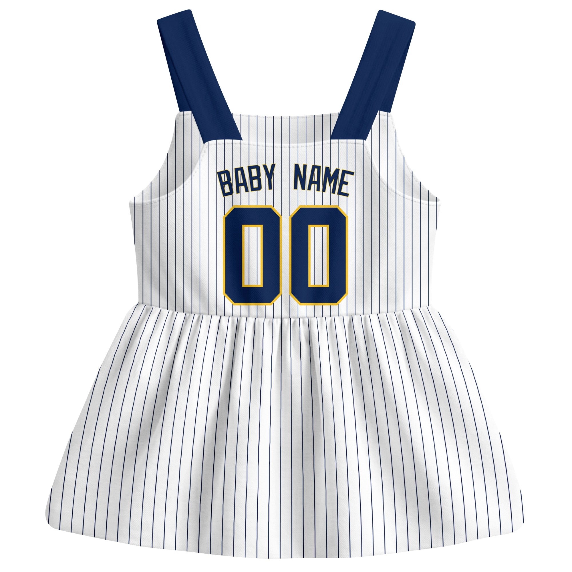 White Milwaukee-inspired baseball baby strap dress back view with custom baby name and number