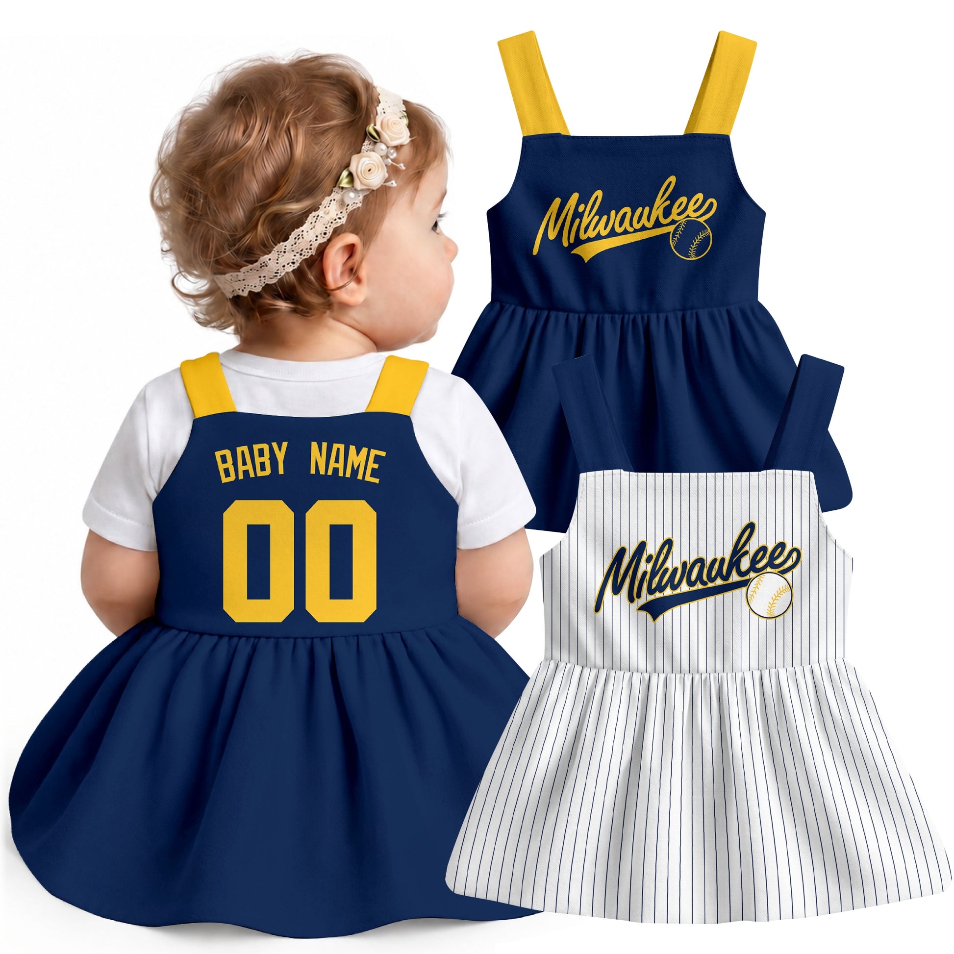 Milwaukee-inspired baseball baby strap dress modeled in Navy, with Navy and White front designs shown
