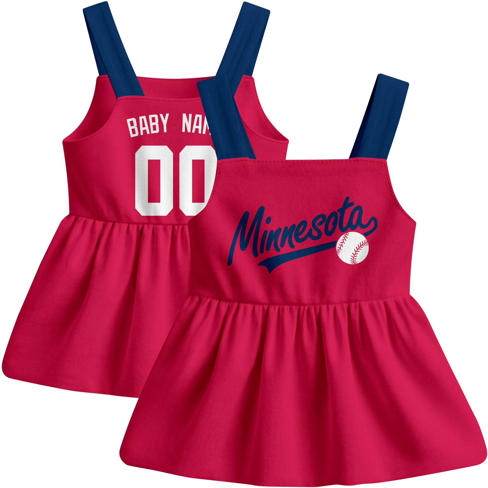 Red Minnesota-inspired baseball baby strap dress front and back view with custom name and number