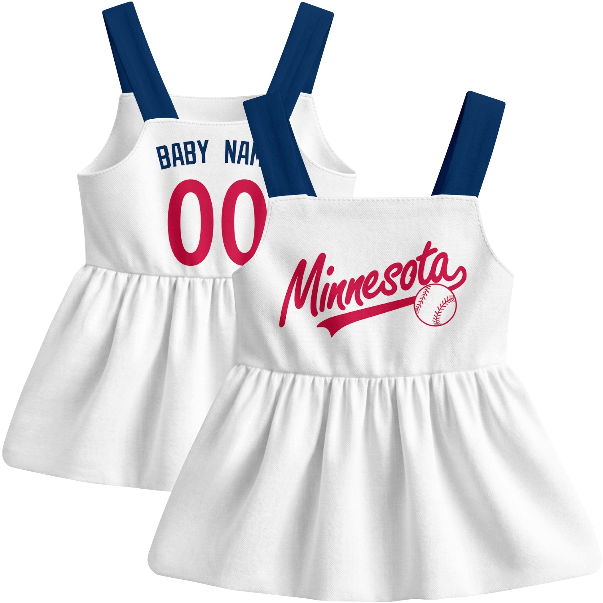 White Minnesota-inspired baseball baby strap dress front and back view with custom name and number