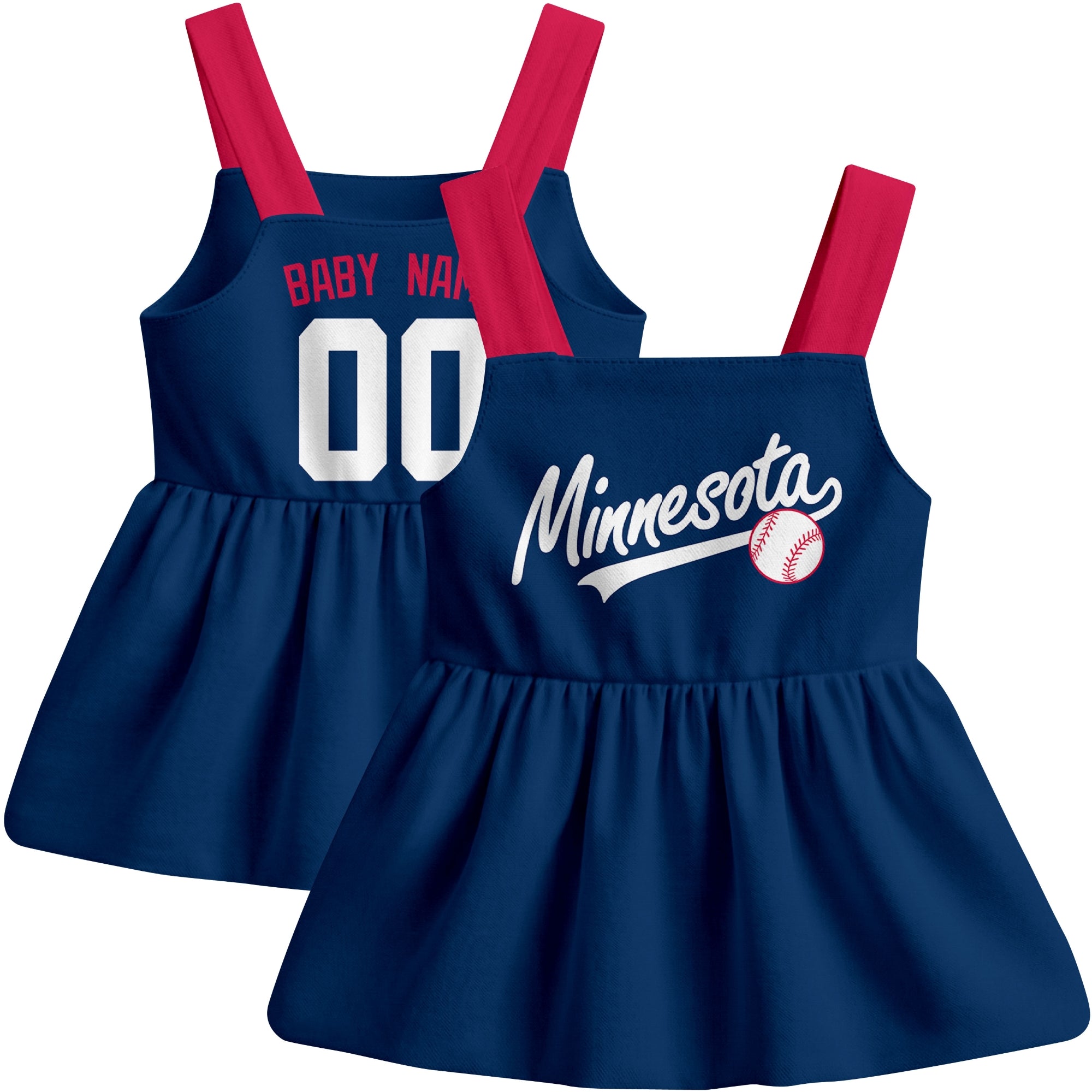 Navy Minnesota-inspired baseball baby strap dress front and back view with custom name and number