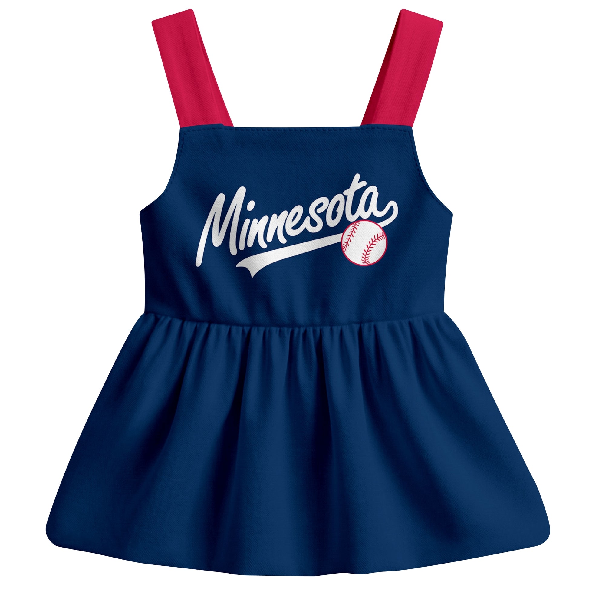 Navy Minnesota-inspired baseball baby strap dress front view with bold baseball graphic