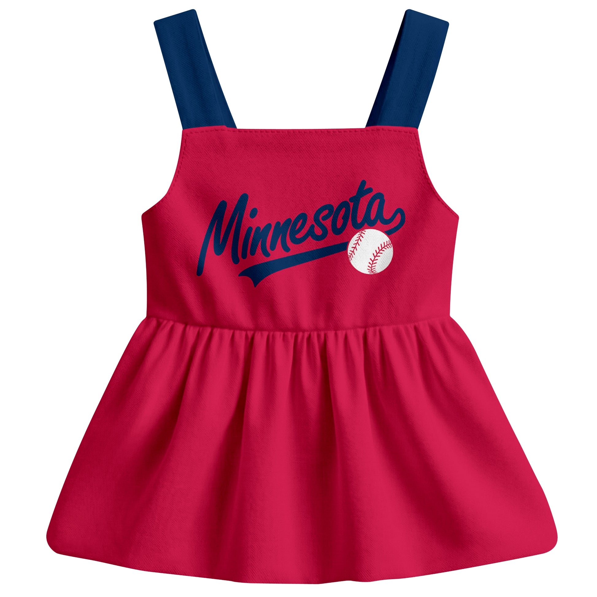 Red Minnesota-inspired baseball baby strap dress front view with bold baseball graphic