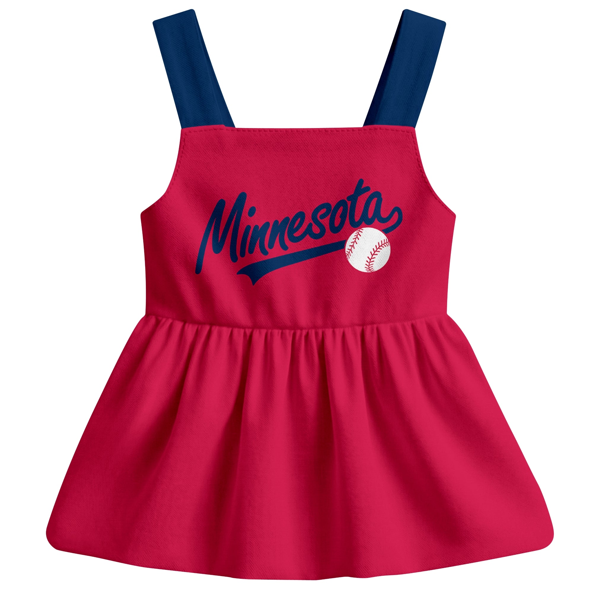 Red Minnesota-inspired baseball baby strap dress front view with bold baseball graphic