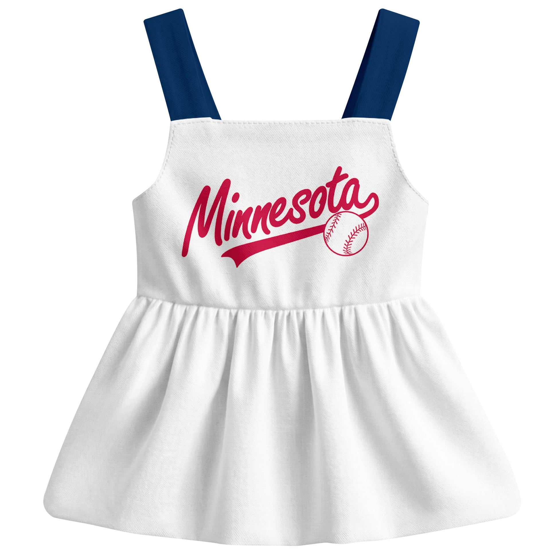 White Minnesota-inspired baseball baby strap dress front view with bold baseball graphic