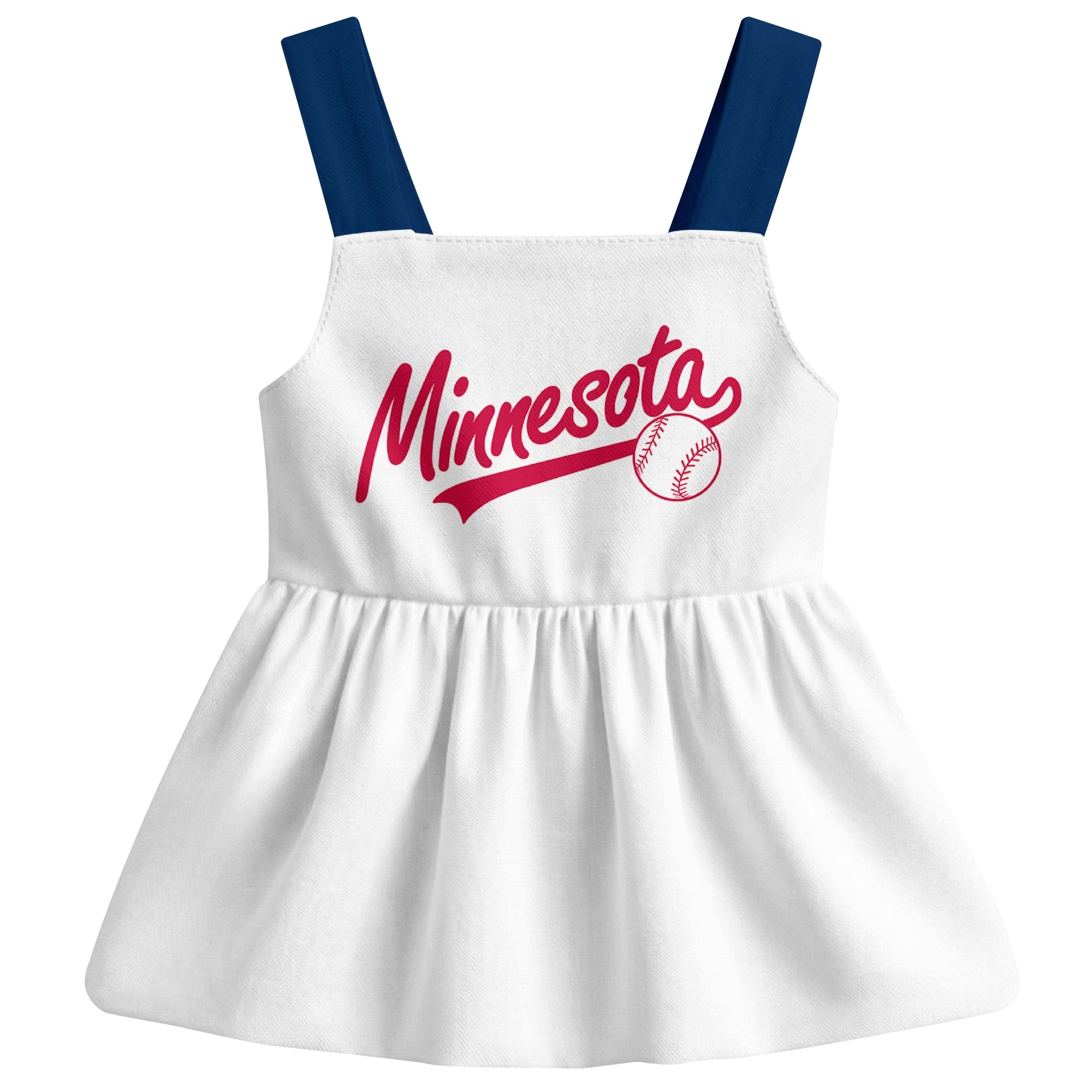 White Minnesota-inspired baseball baby strap dress front view with bold baseball graphic