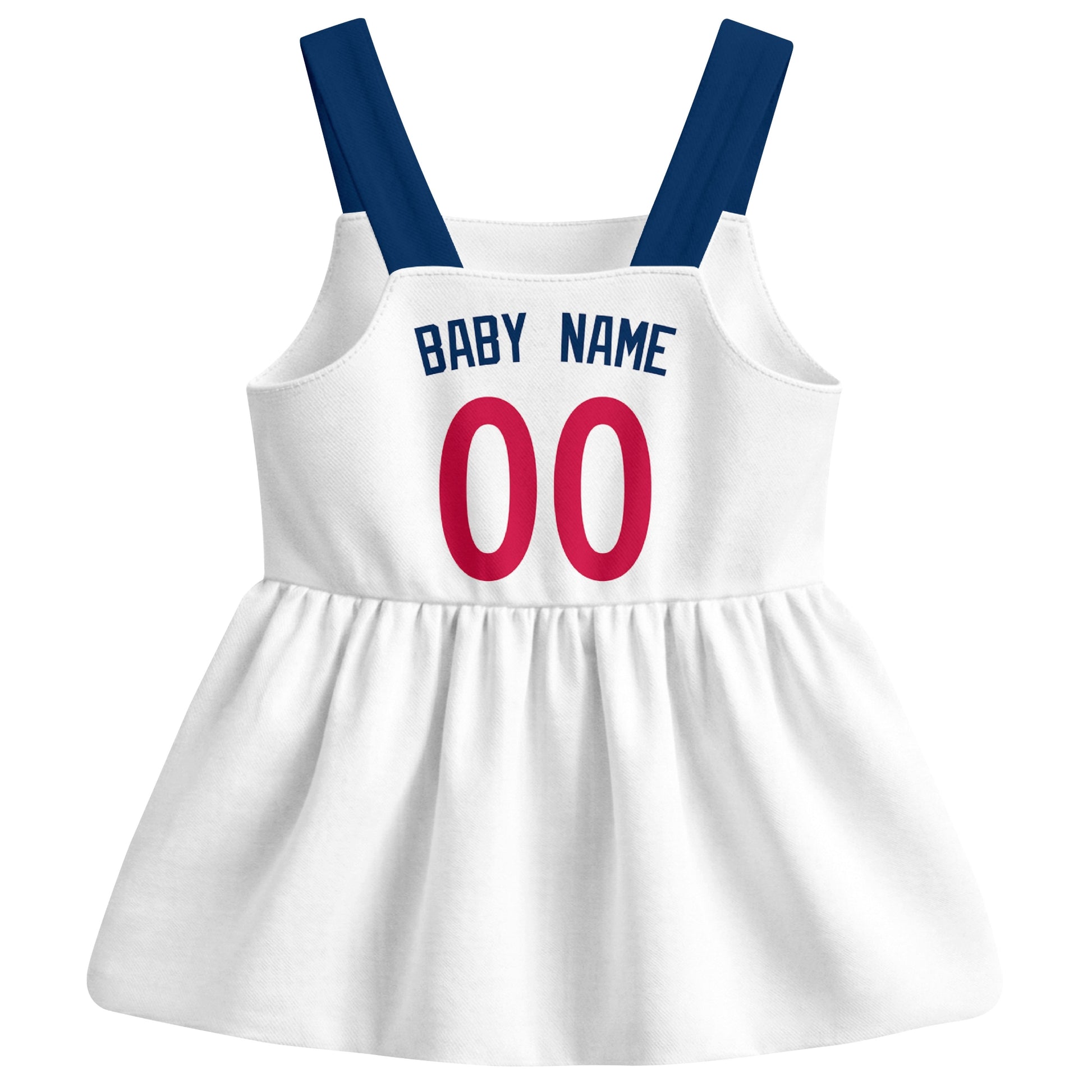 White Minnesota-inspired baseball baby strap dress back view with custom baby name and number