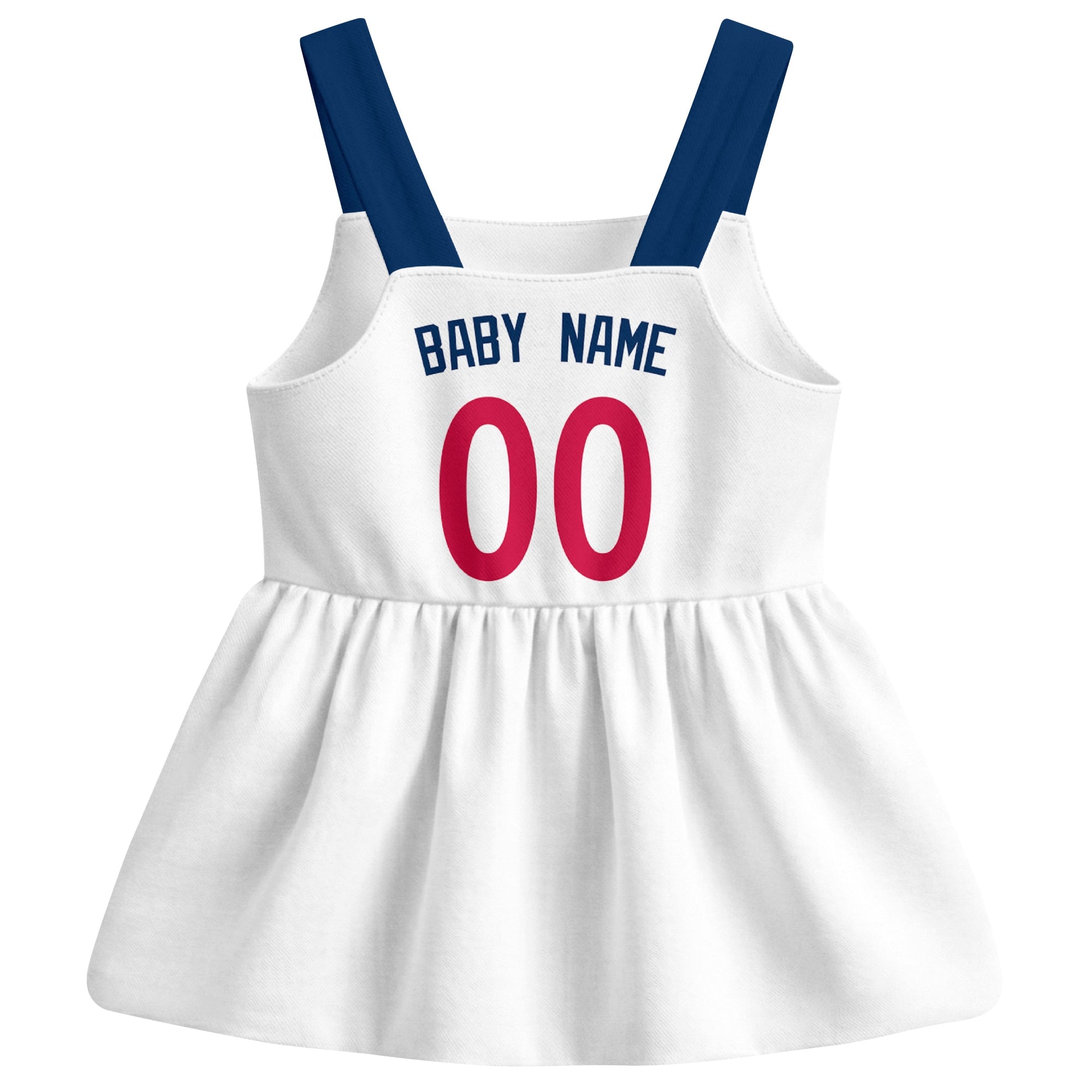 White Minnesota-inspired baseball baby strap dress back view with custom baby name and number