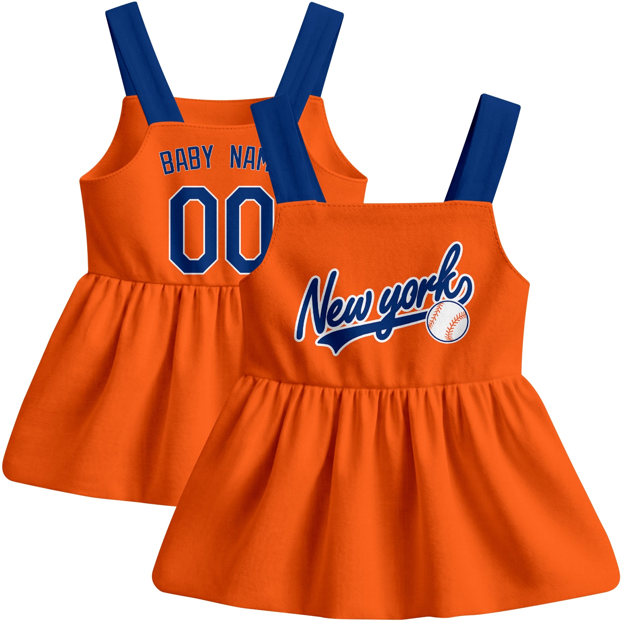 Orange New York M-inspired baseball baby strap dress front and back view with custom name and number
