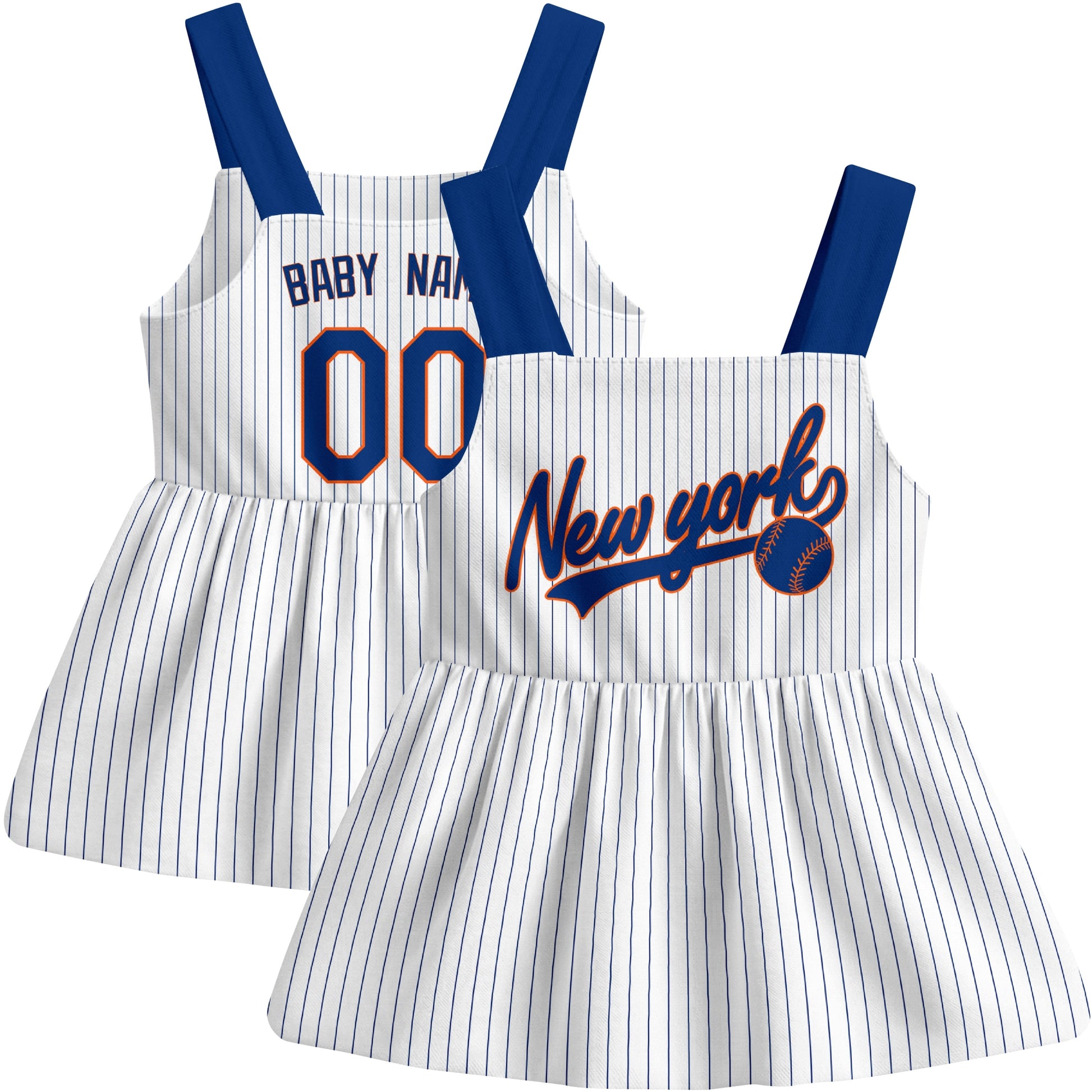White New York M-inspired baseball baby strap dress front and back view with custom name and number