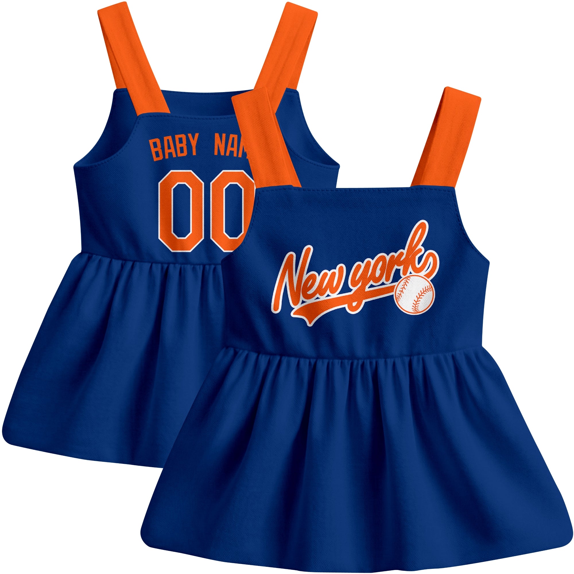 Royal New York M-inspired baseball baby strap dress front and back view with custom name and number