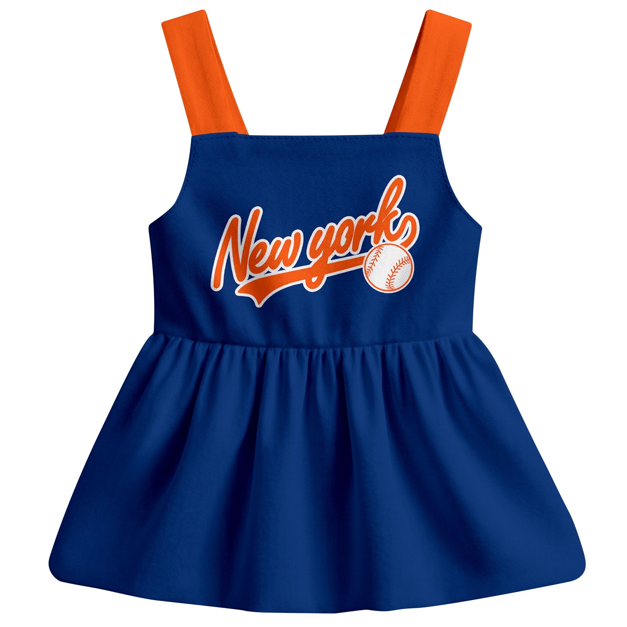 Royal New York M-inspired baseball baby strap dress front view with bold baseball graphic