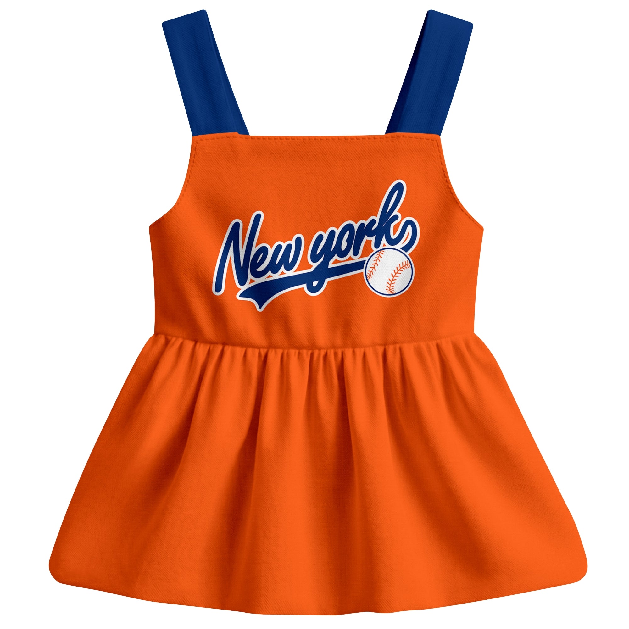 Orange New York M-inspired baseball baby strap dress front view with bold baseball graphic