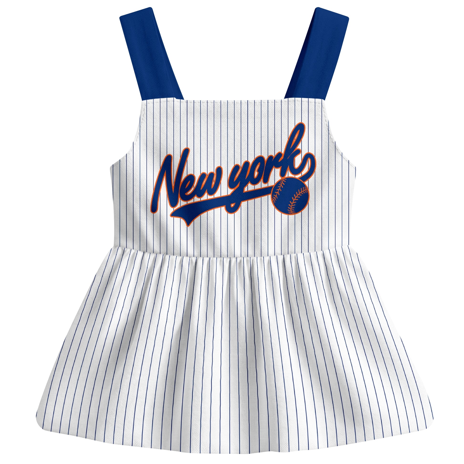 White New York M-inspired baseball baby strap dress front view with bold baseball graphic