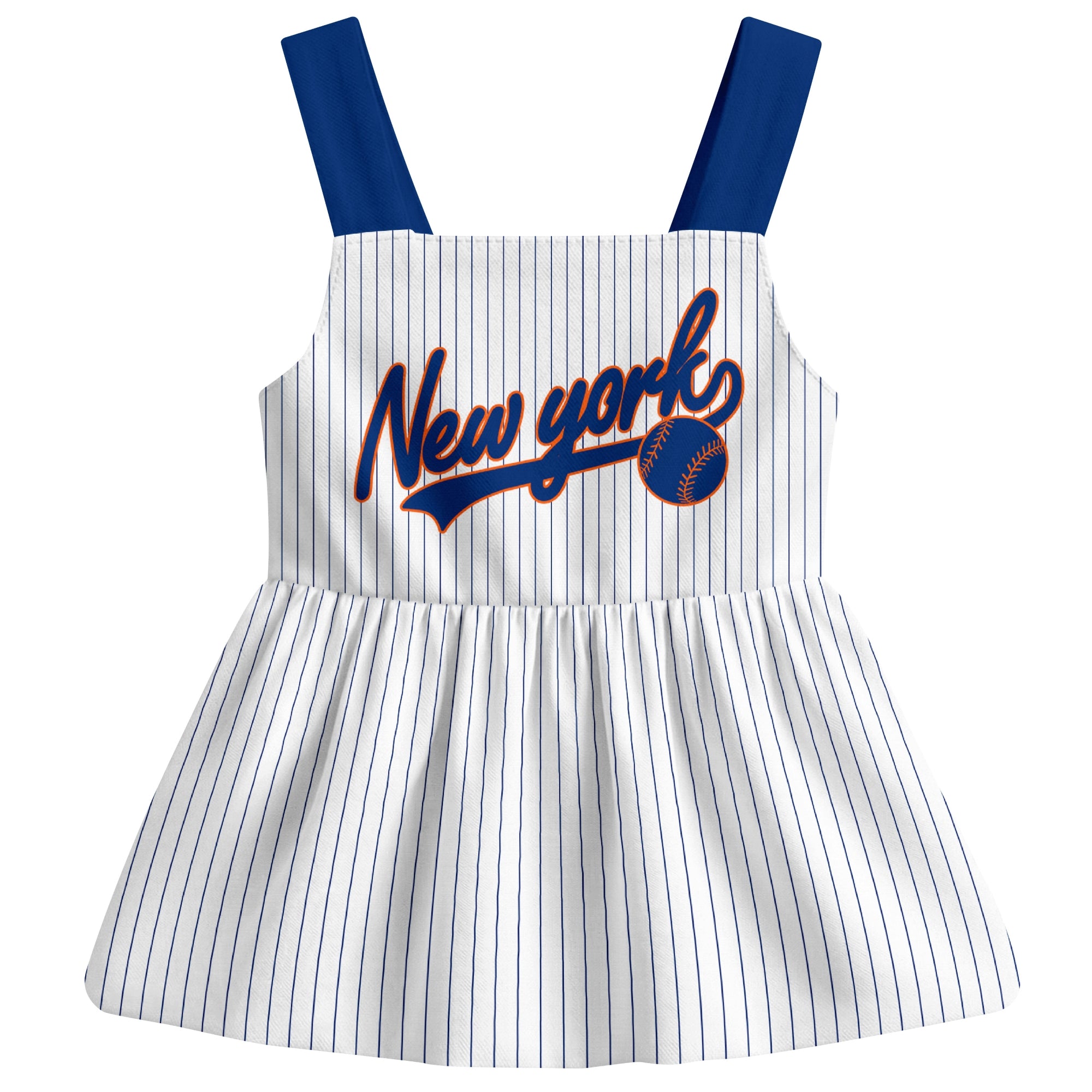 White New York M-inspired baseball baby strap dress front view with bold baseball graphic