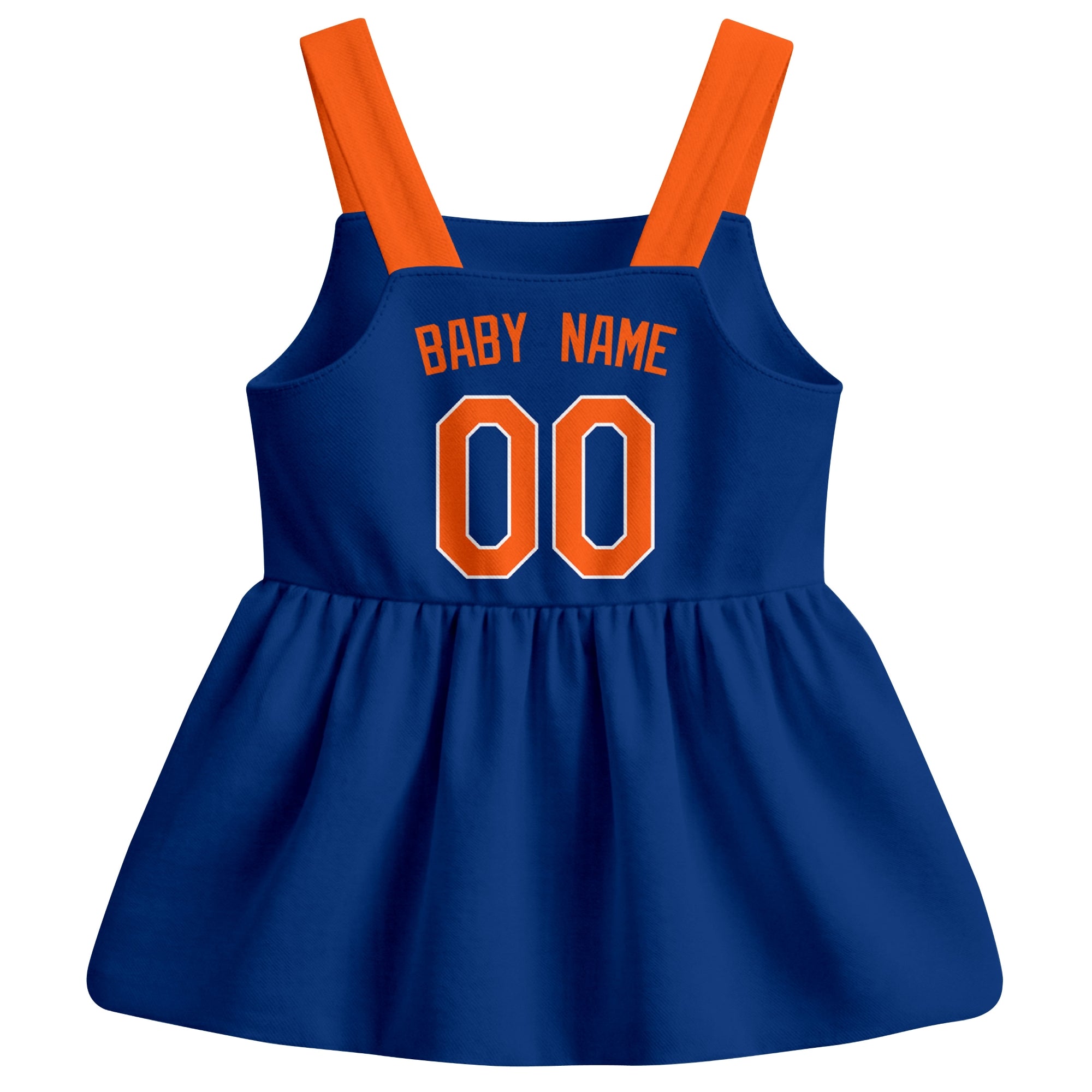 Royal New York M-inspired baseball baby strap dress back view with custom baby name and number