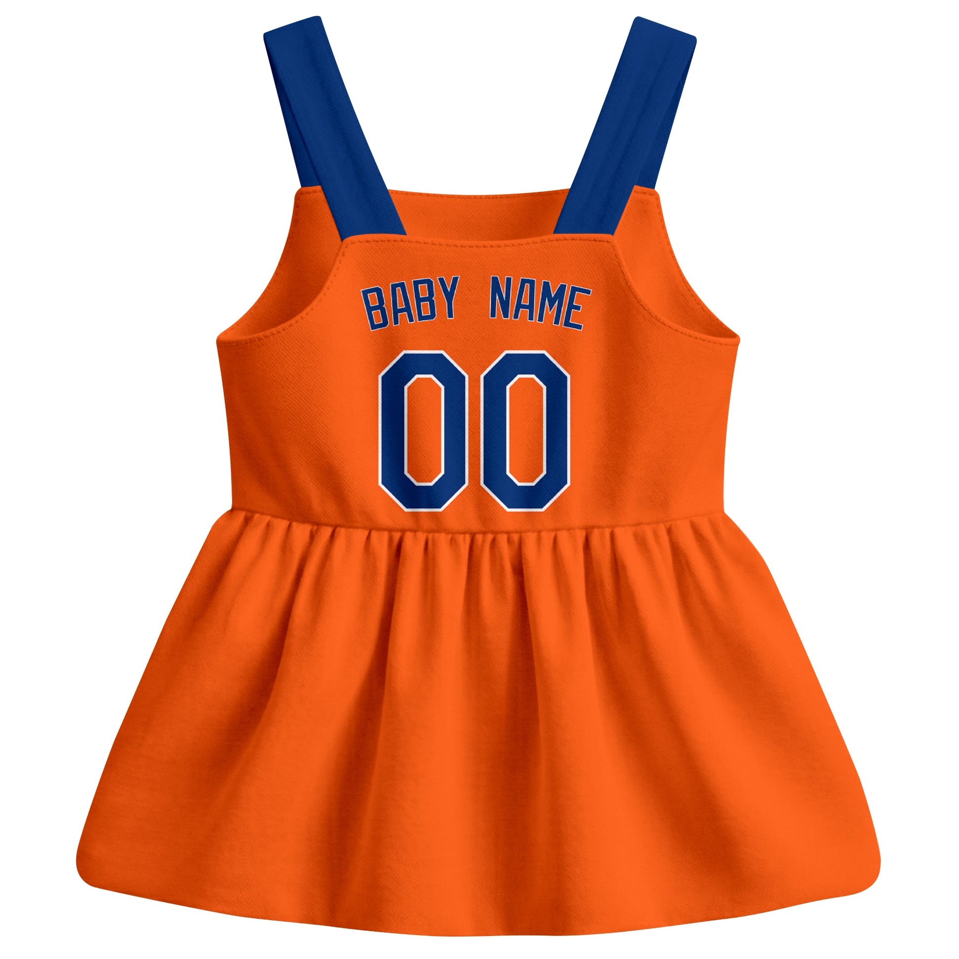 Orange New York M-inspired baseball baby strap dress back view with custom baby name and number