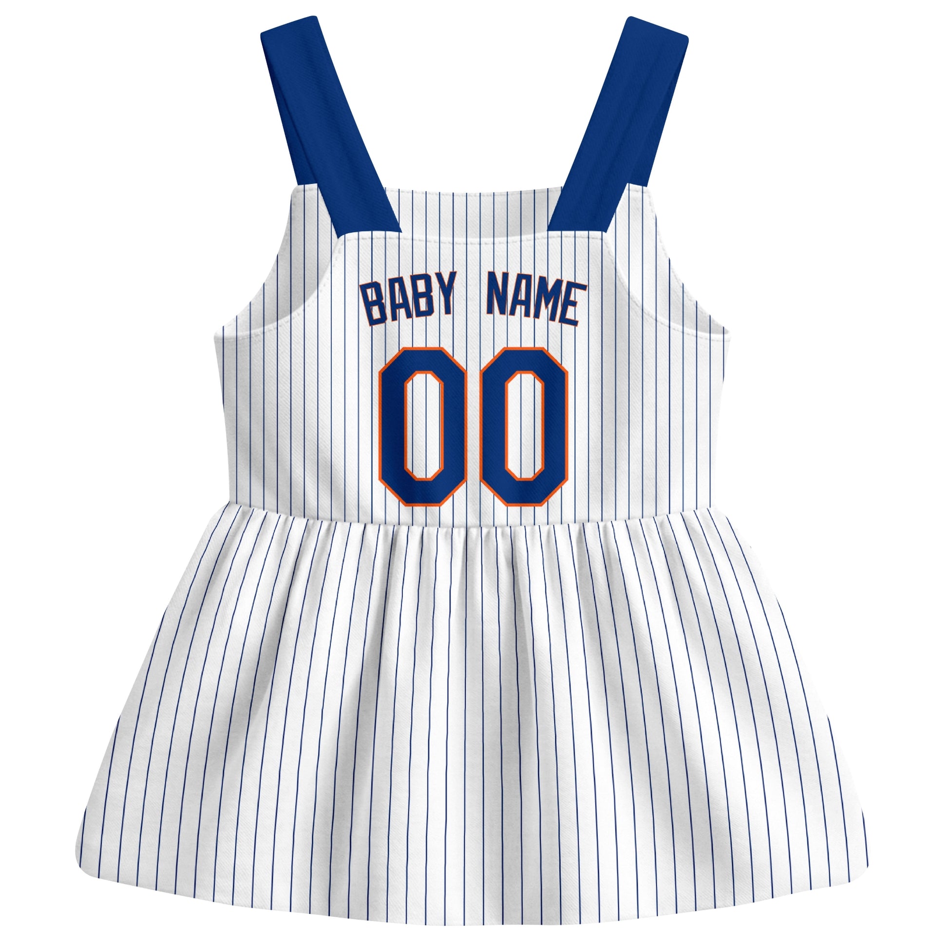 White New York M-inspired baseball baby strap dress back view with custom baby name and number