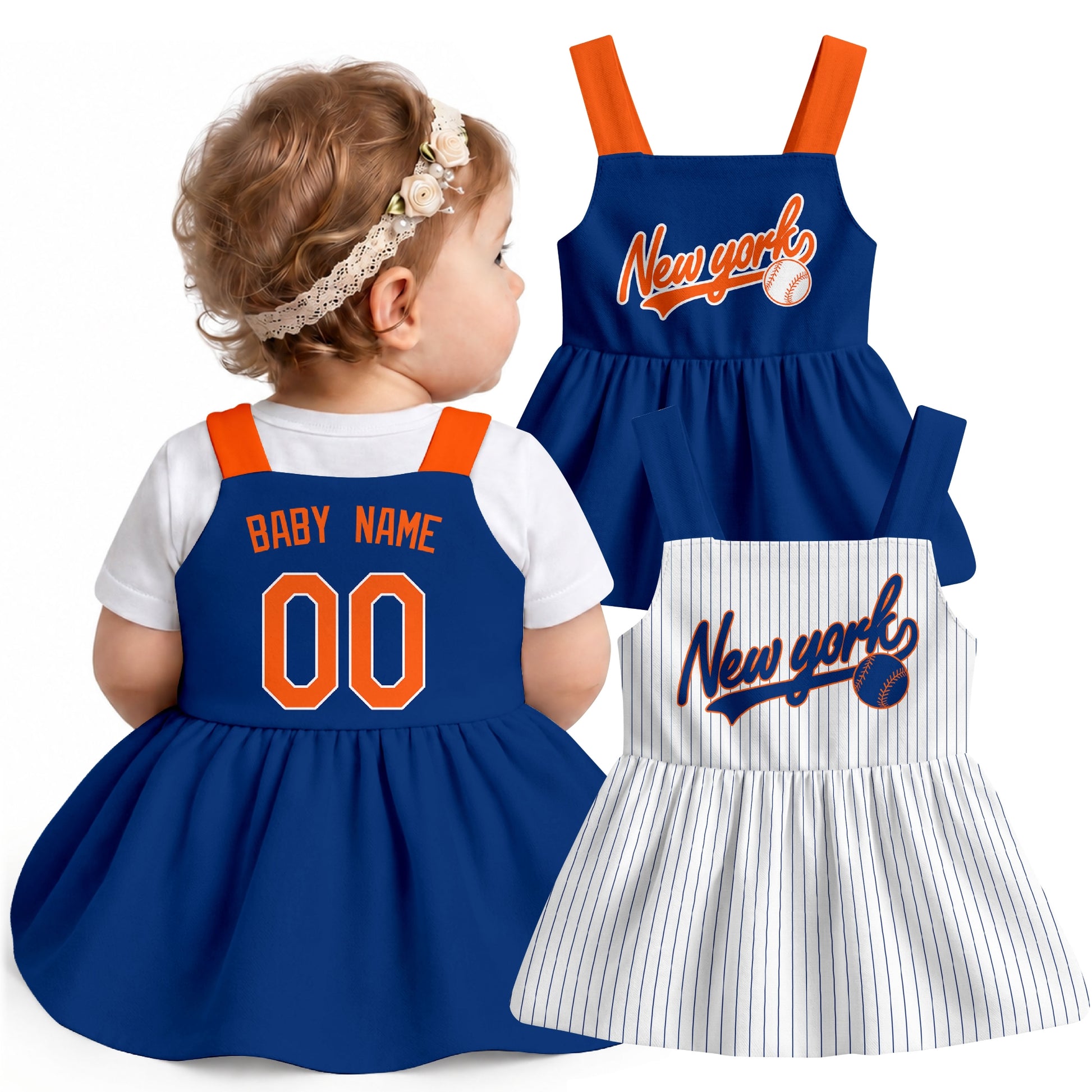 New York M-inspired baseball baby strap dress modeled in Royal, with Royal and White front designs shown