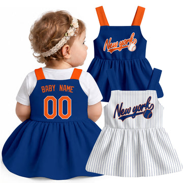 New York M-inspired baseball baby strap dress modeled in Royal, with Royal and White front designs shown