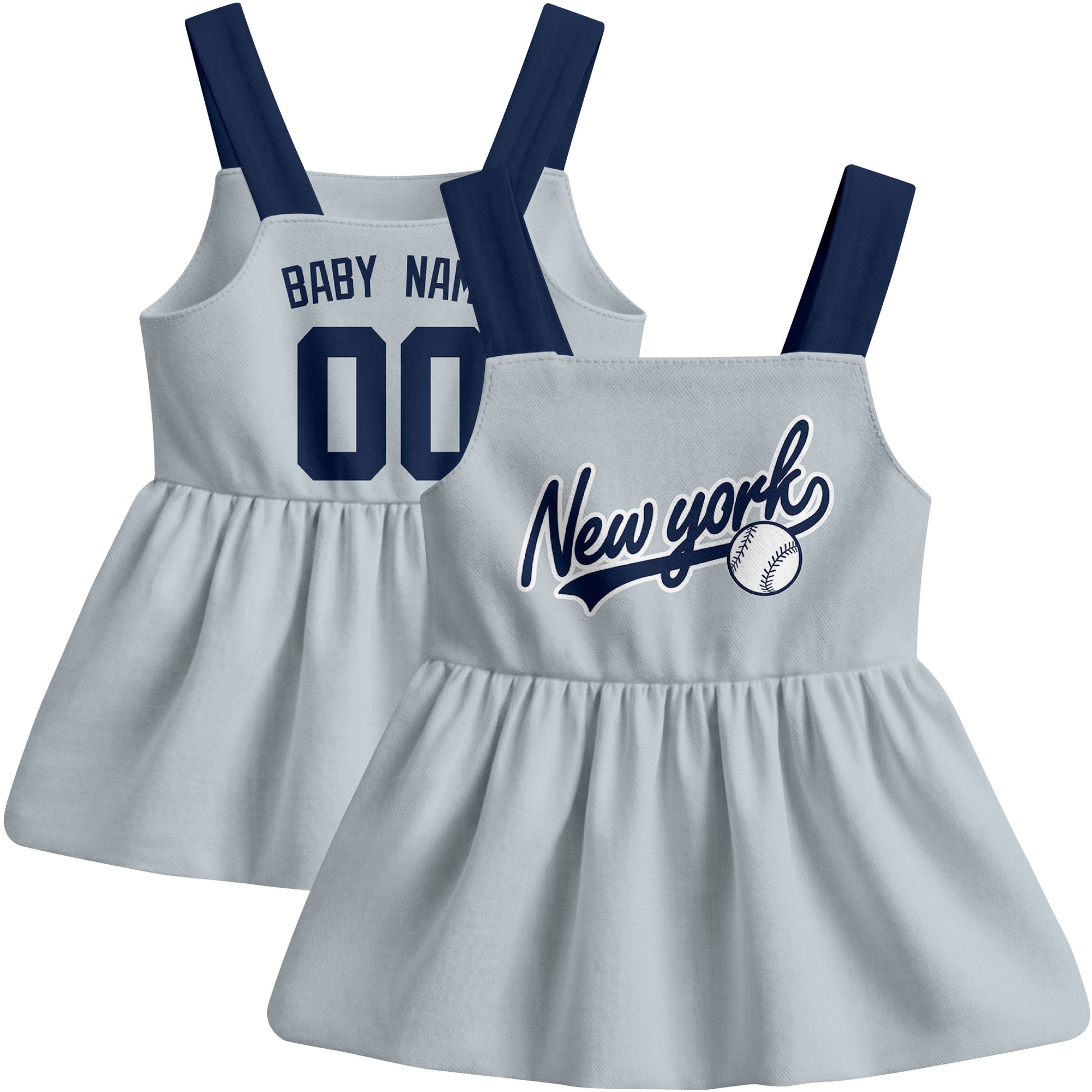 Gray New York-inspired baseball baby strap dress front and back view with custom name and number