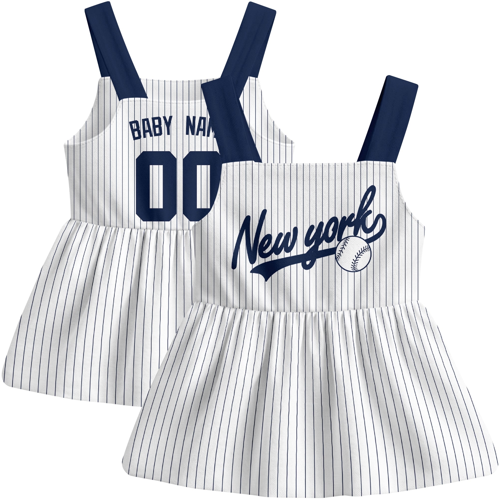 White New York-inspired baseball baby strap dress front and back view with custom name and number