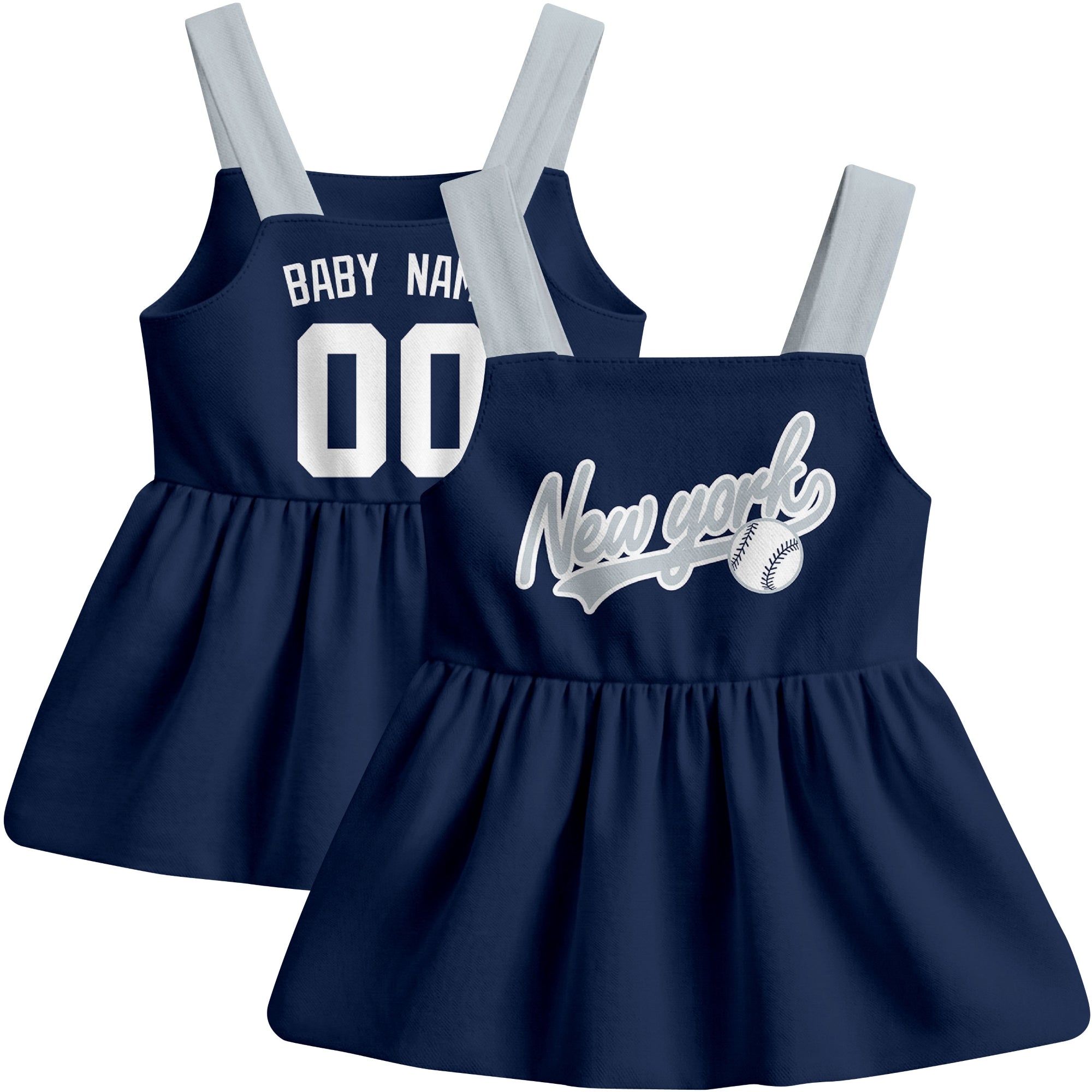 Navy New York-inspired baseball baby strap dress front and back view with custom name and number