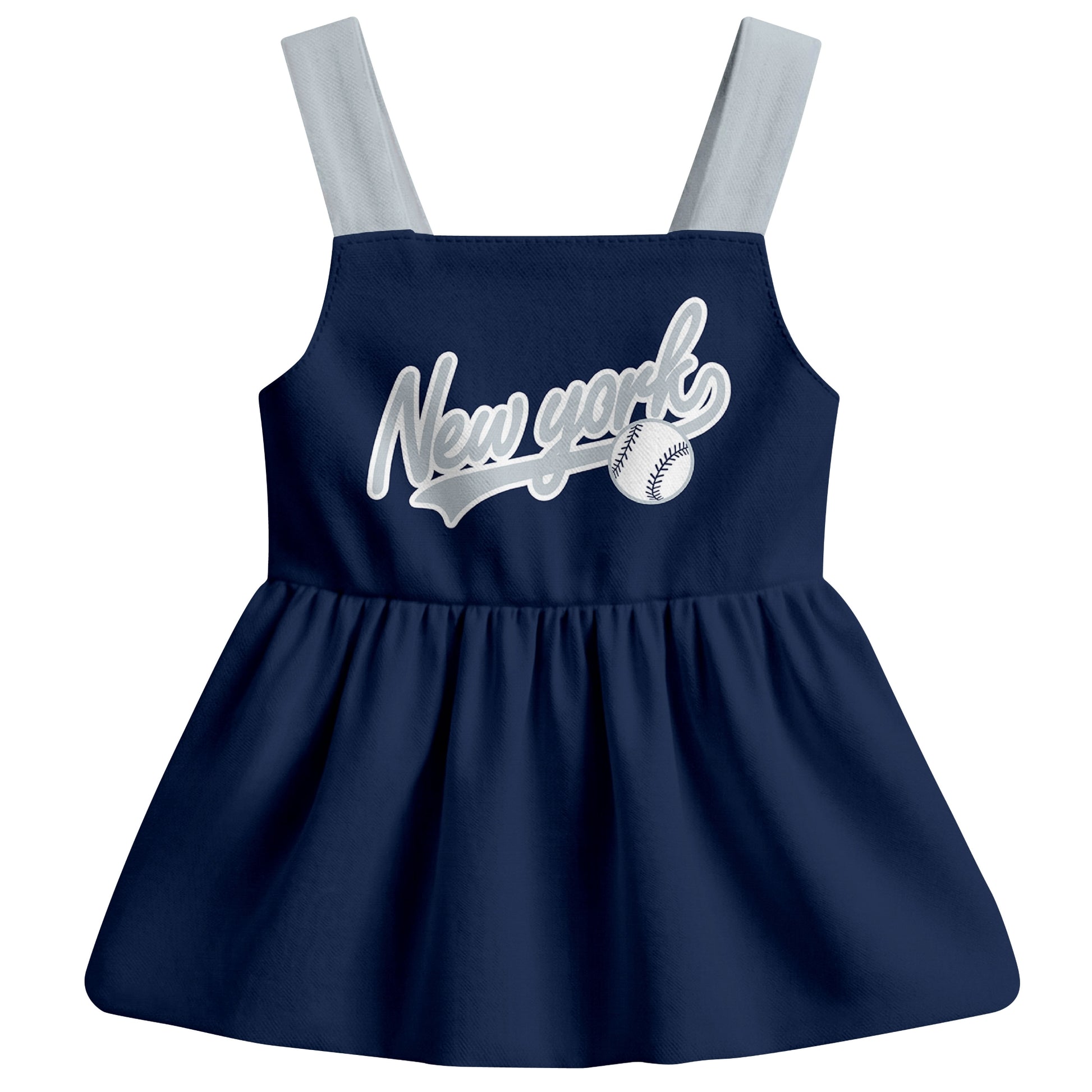 Navy New York-inspired baseball baby strap dress front view with bold baseball graphic