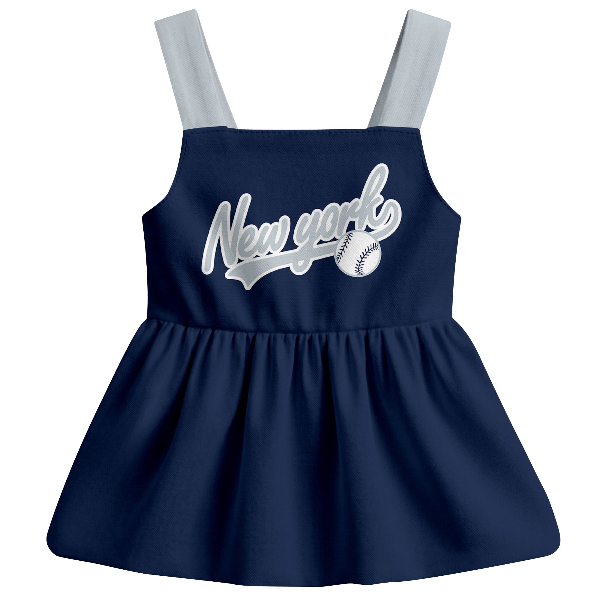 Navy New York-inspired baseball baby strap dress front view with bold baseball graphic