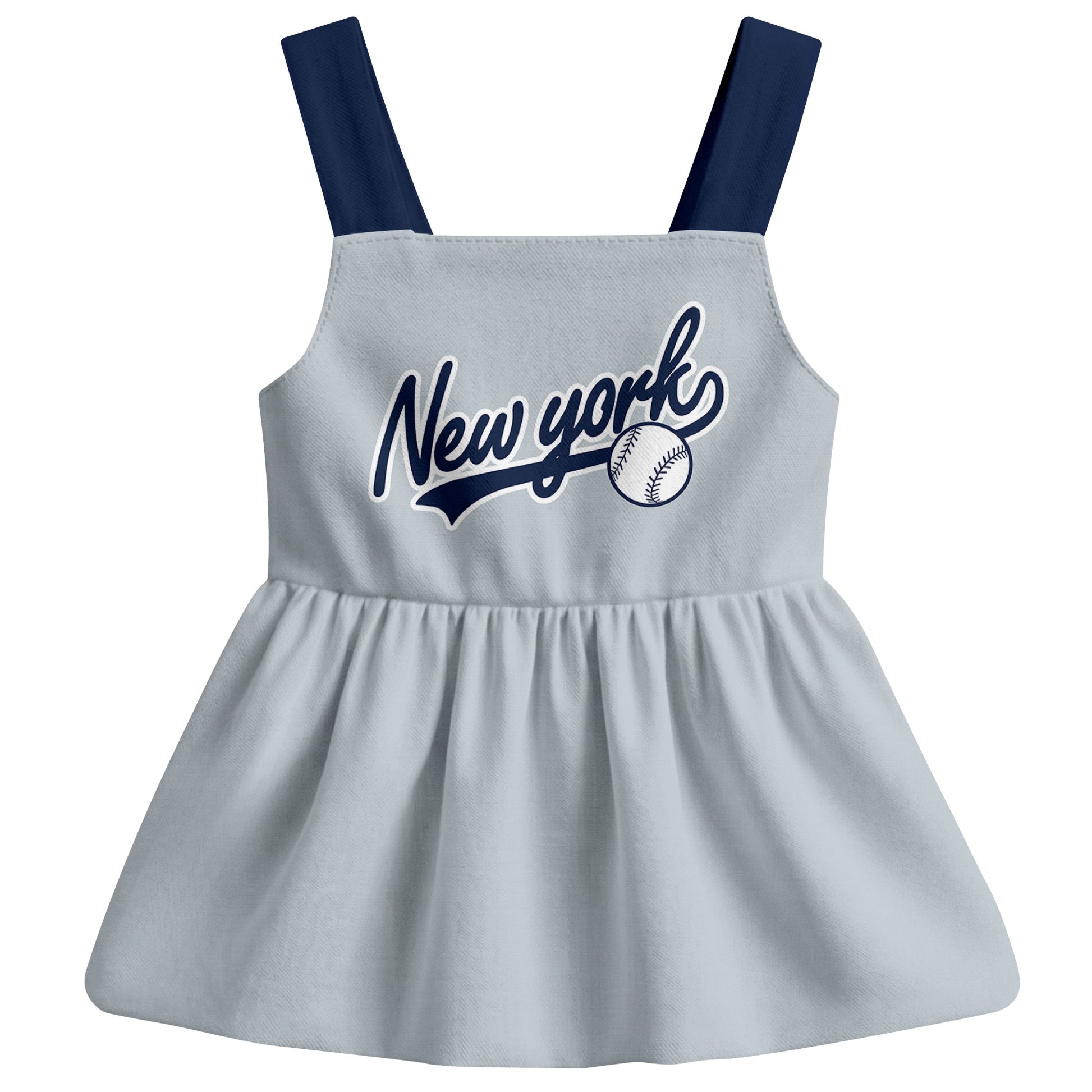 Gray New York-inspired baseball baby strap dress front view with bold baseball graphic