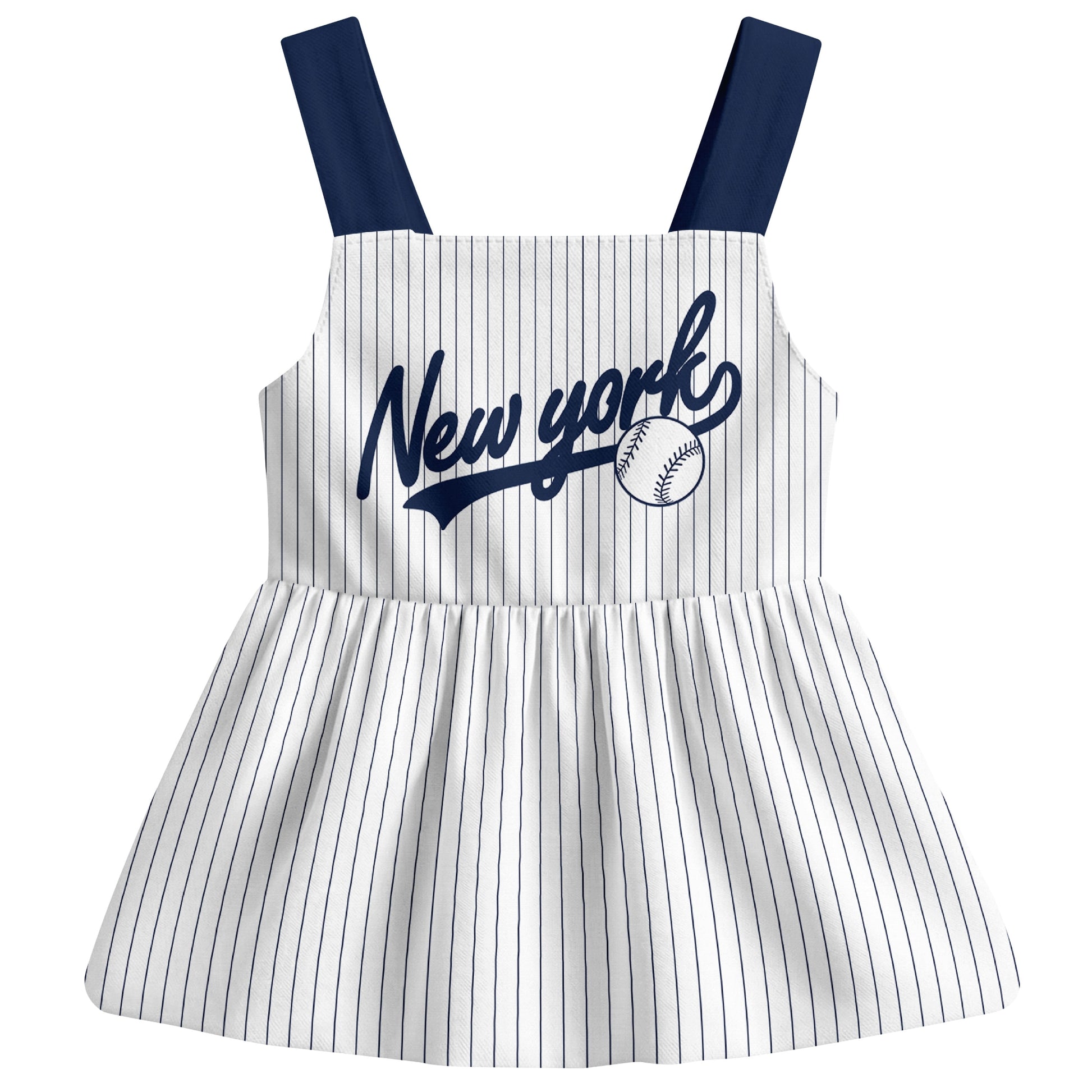 White New York-inspired baseball baby strap dress front view with bold baseball graphic