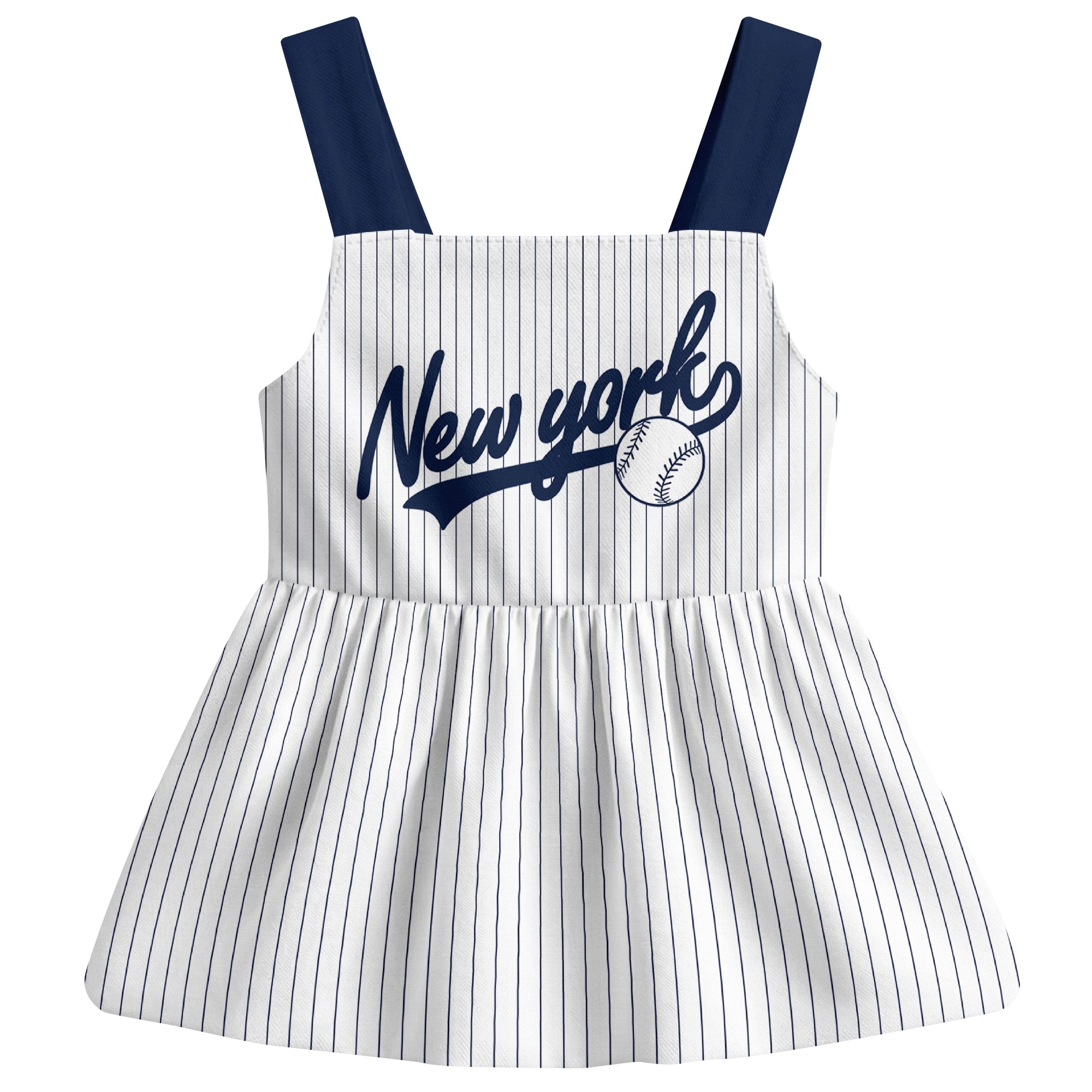 White New York-inspired baseball baby strap dress front view with bold baseball graphic