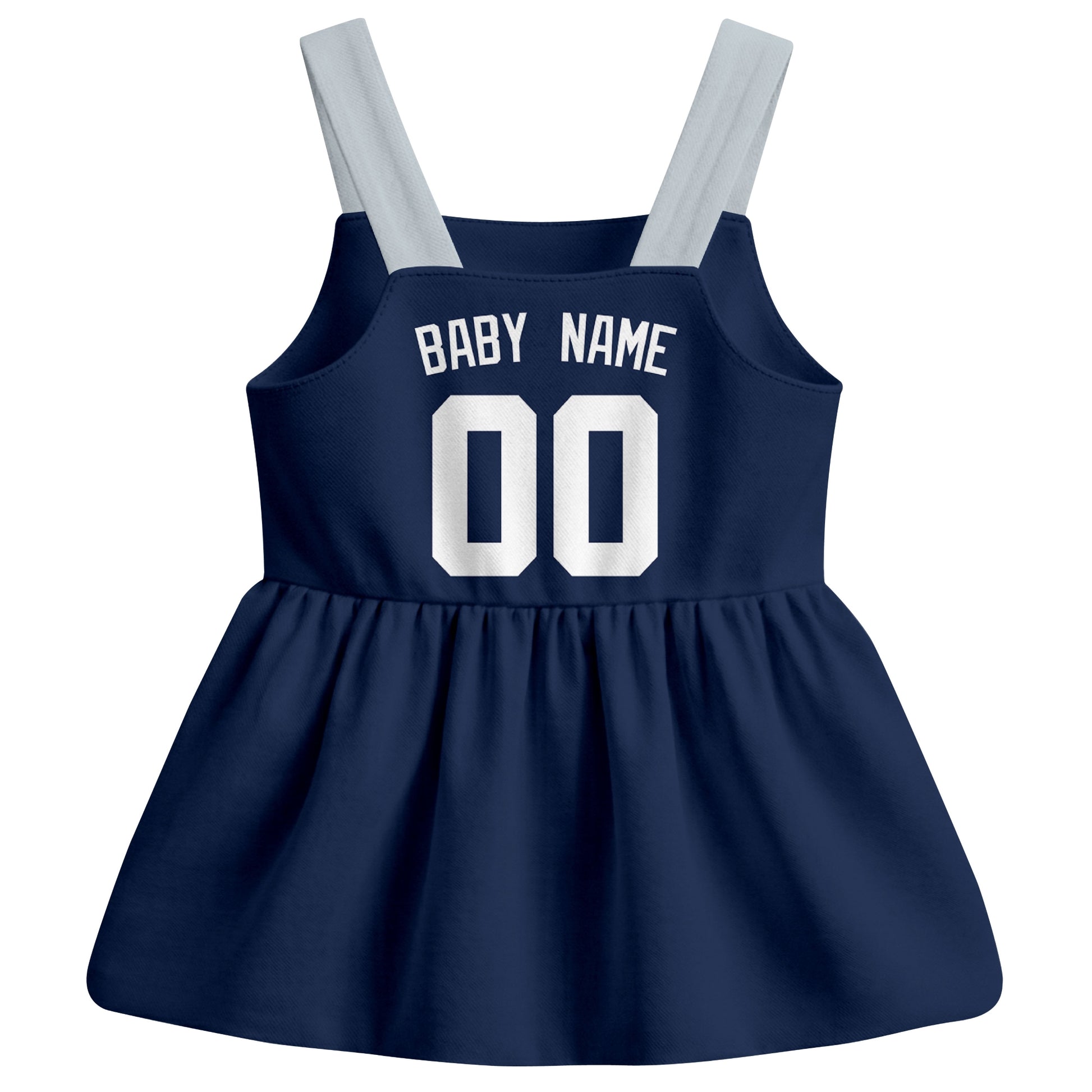 Navy New York-inspired baseball baby strap dress back view with custom baby name and number