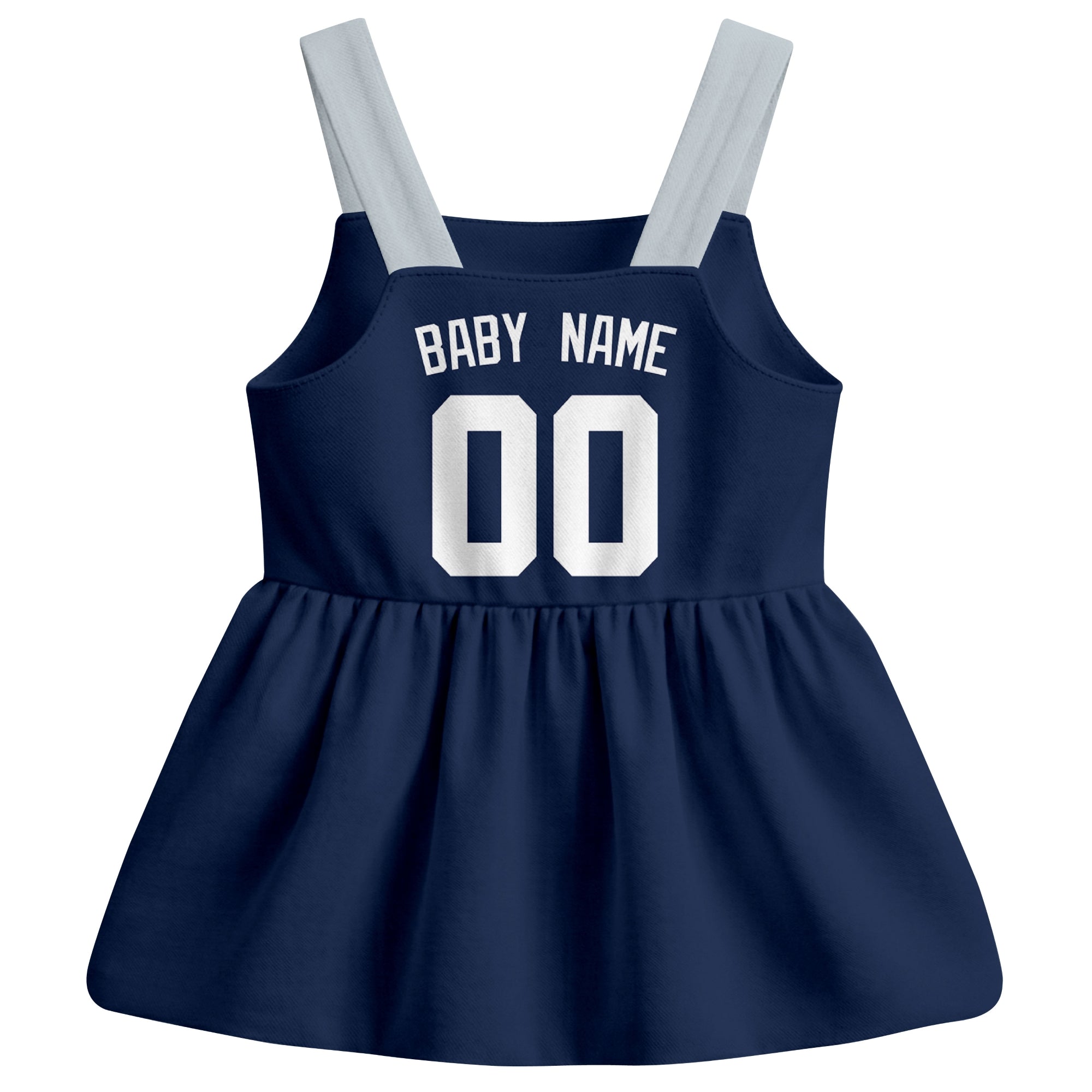 Navy New York-inspired baseball baby strap dress back view with custom baby name and number