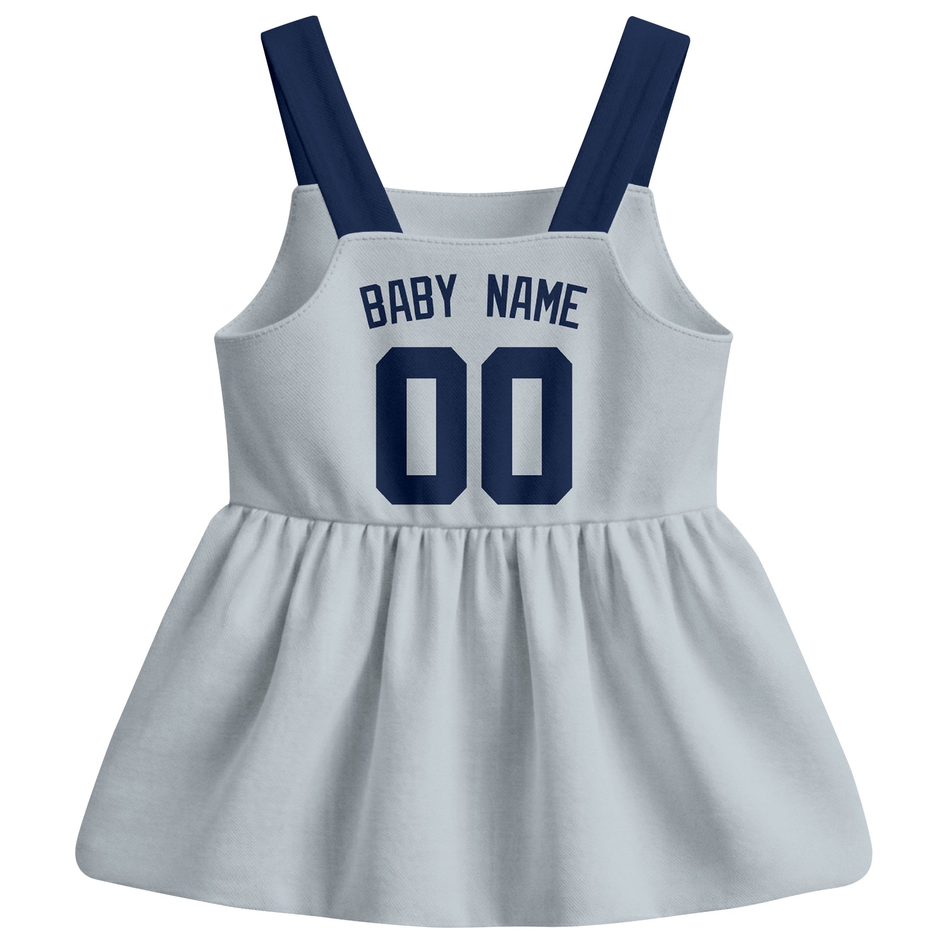 Gray New York-inspired baseball baby strap dress back view with custom baby name and number
